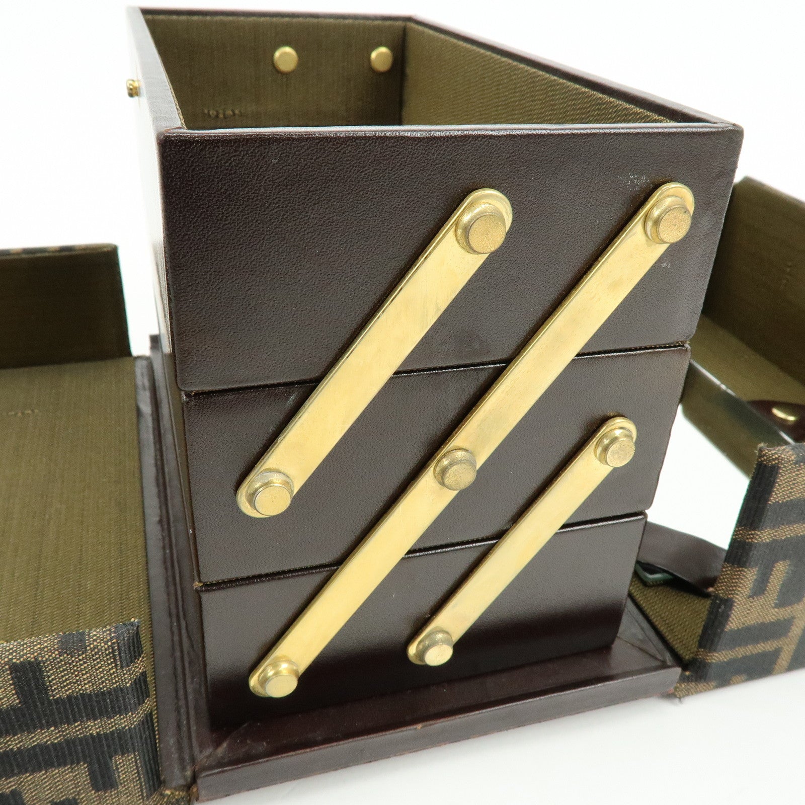 FENDI Zucca Canvas Leather Hand Bag Jewelry Box Brown Black