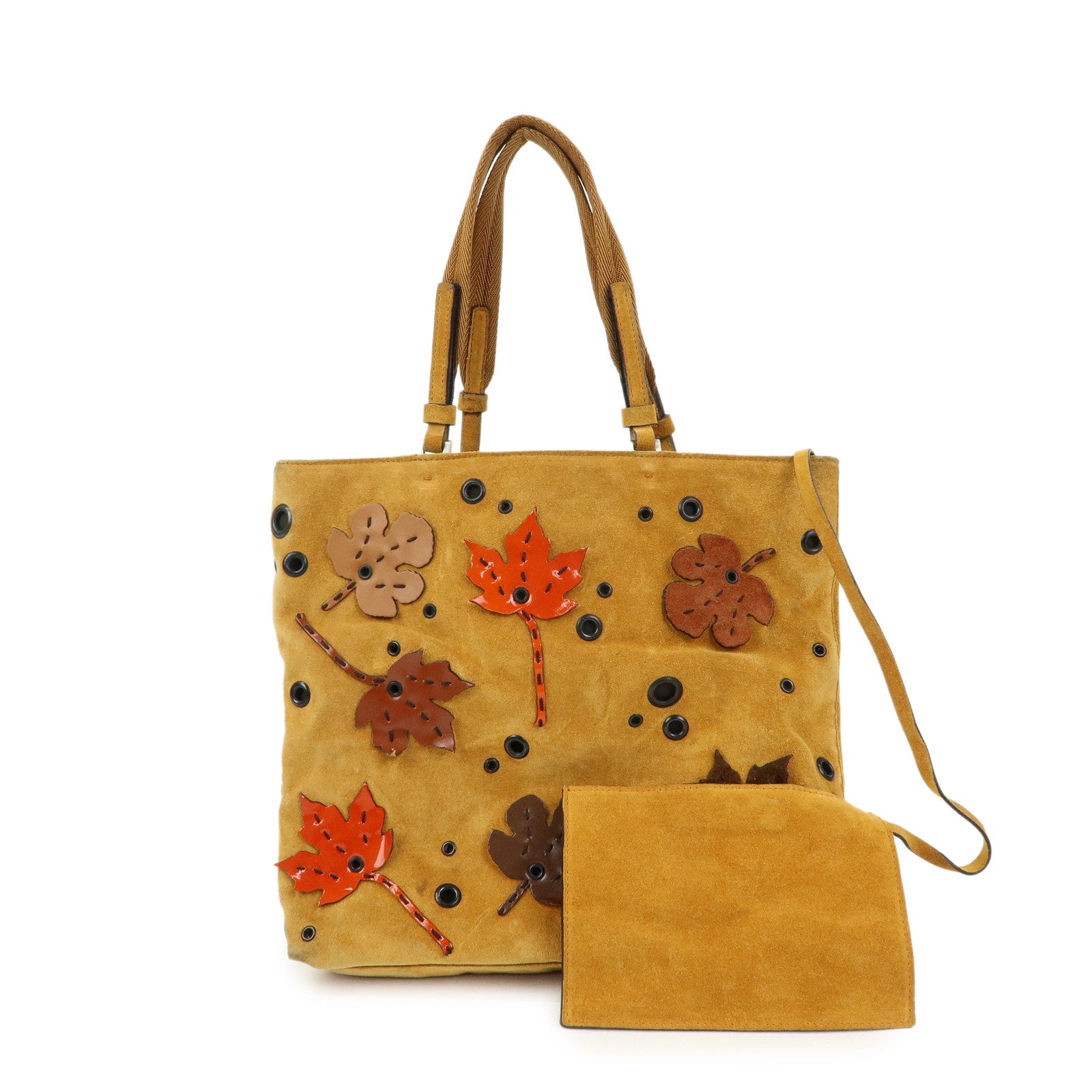 PRADA Suede Leather Hand Bag Tote Bag Maple Motif Yellow Beige