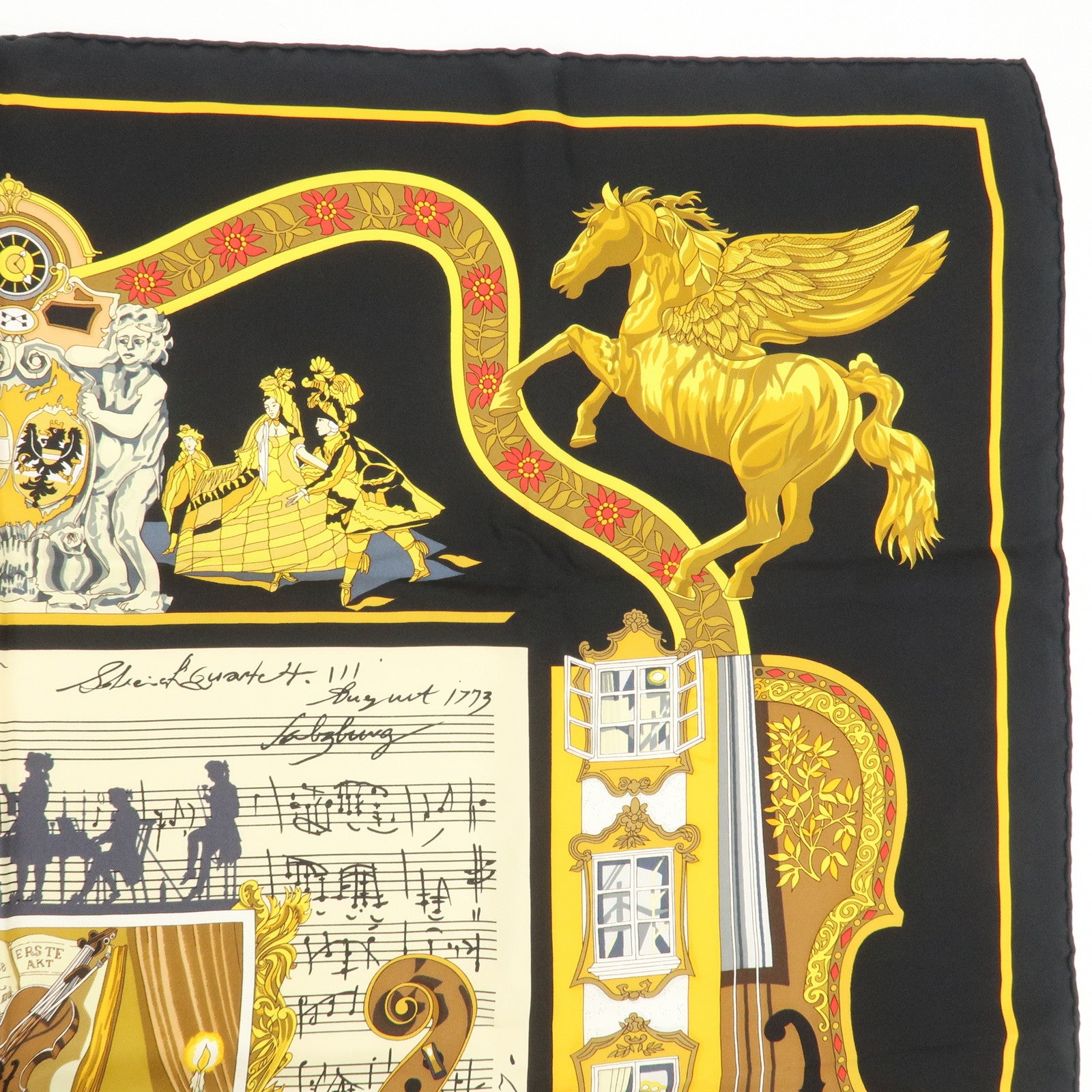 HERMES Carre 90 Silk 100% IN SALZBURG Scarf Black Gold
