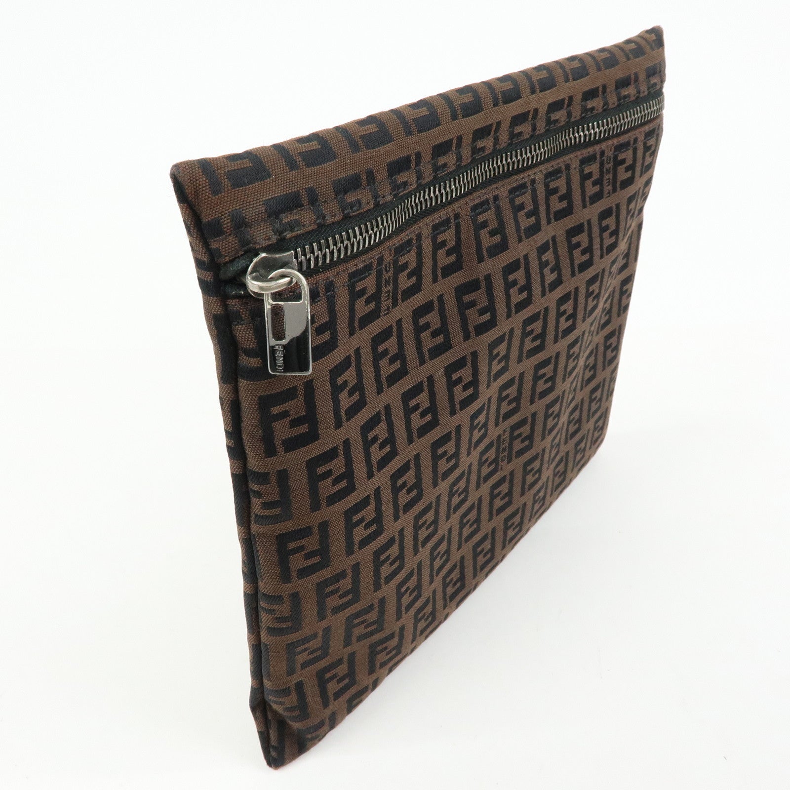 FENDI Zucchino Canvas Leather Pouch Brown 7N0014