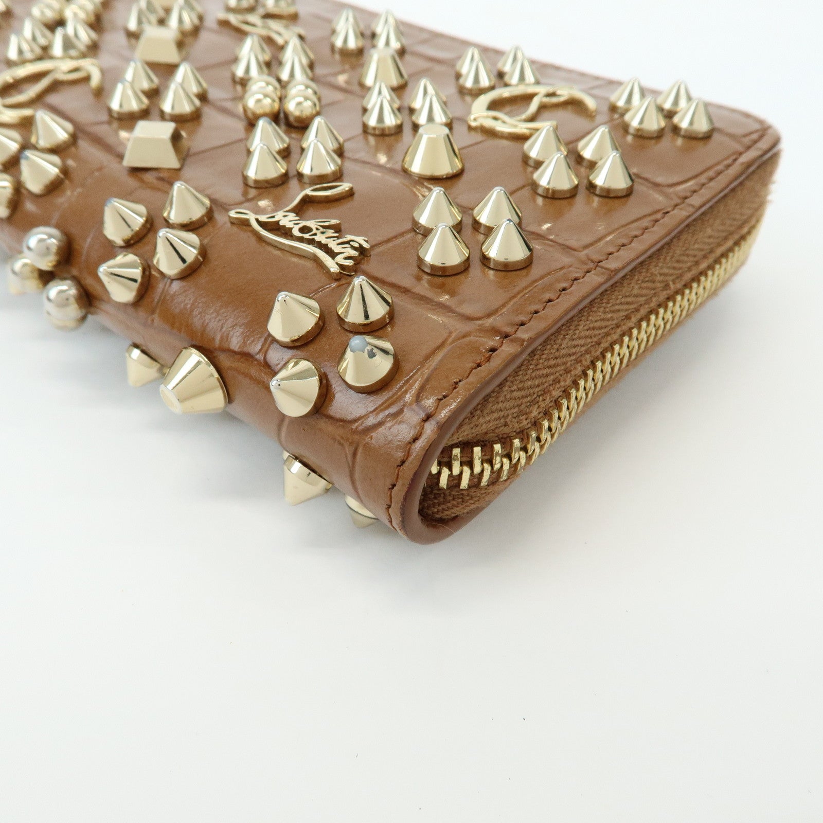Christian Louboutin Embossed Leather Long Wallet Studs Brown