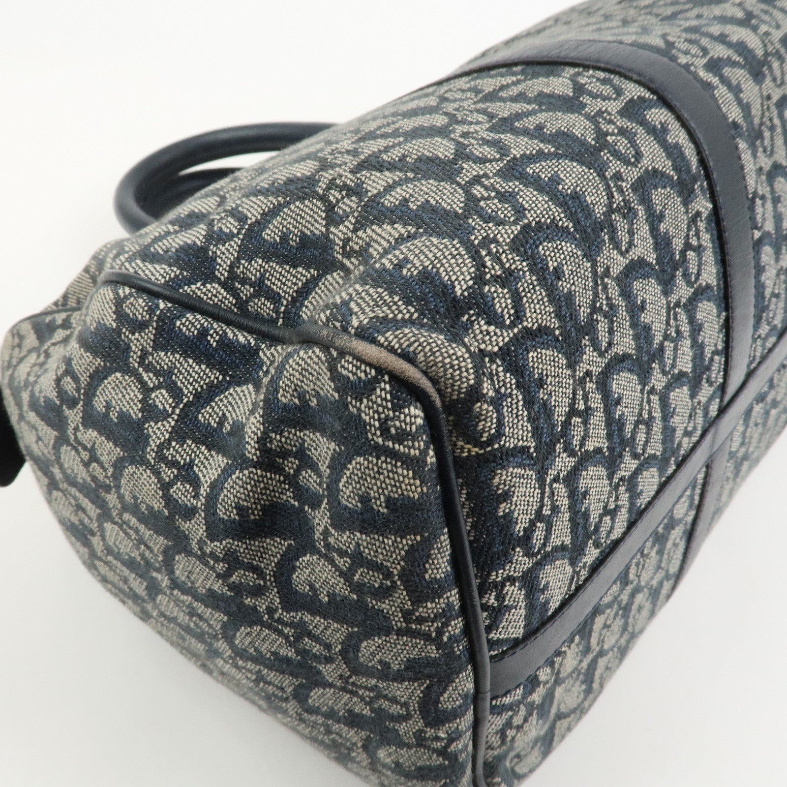 Christian Dior Trotter Jacquard Canvas Leather Boston Hand Bag Navy