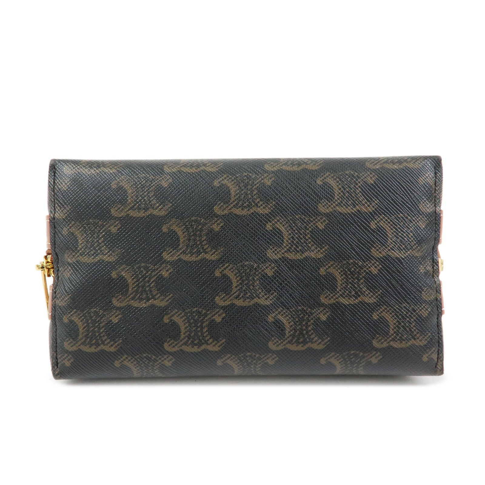 CELINE Triomphe PVC Calf Leather Cosmetic Pouch Tan Dark Brown