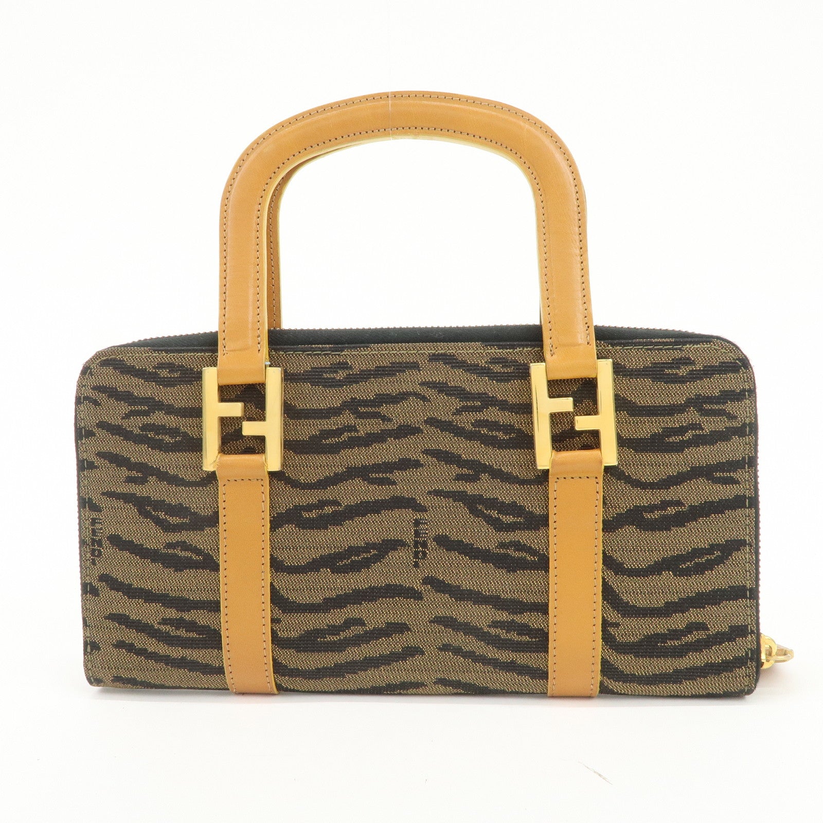 FENDI Logo Canvas Leather Hand Bag Animal Print Yellow Black 26347