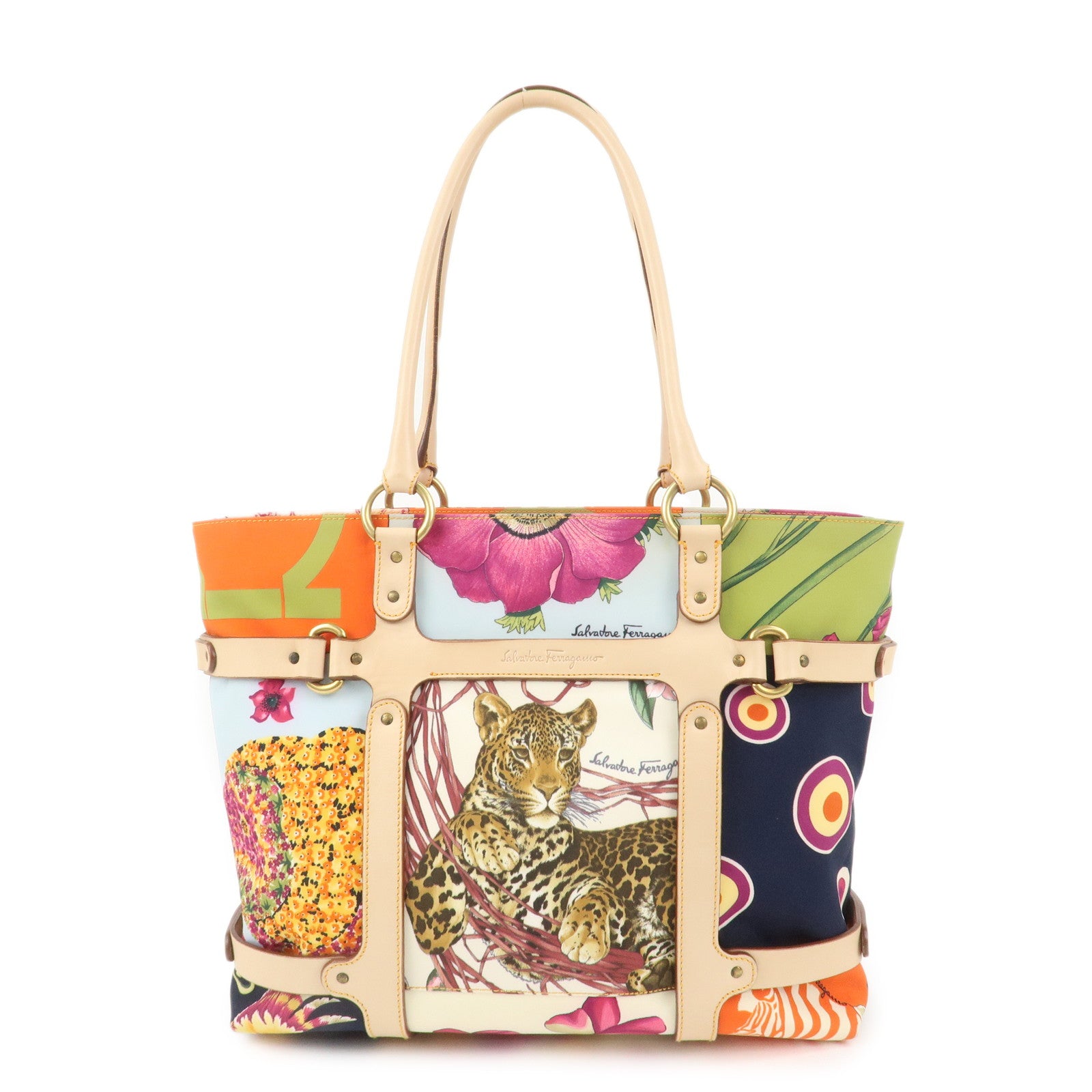 Ferragamo Gancini Nylon Leather Tote bag Shoulder Bag Multicolor