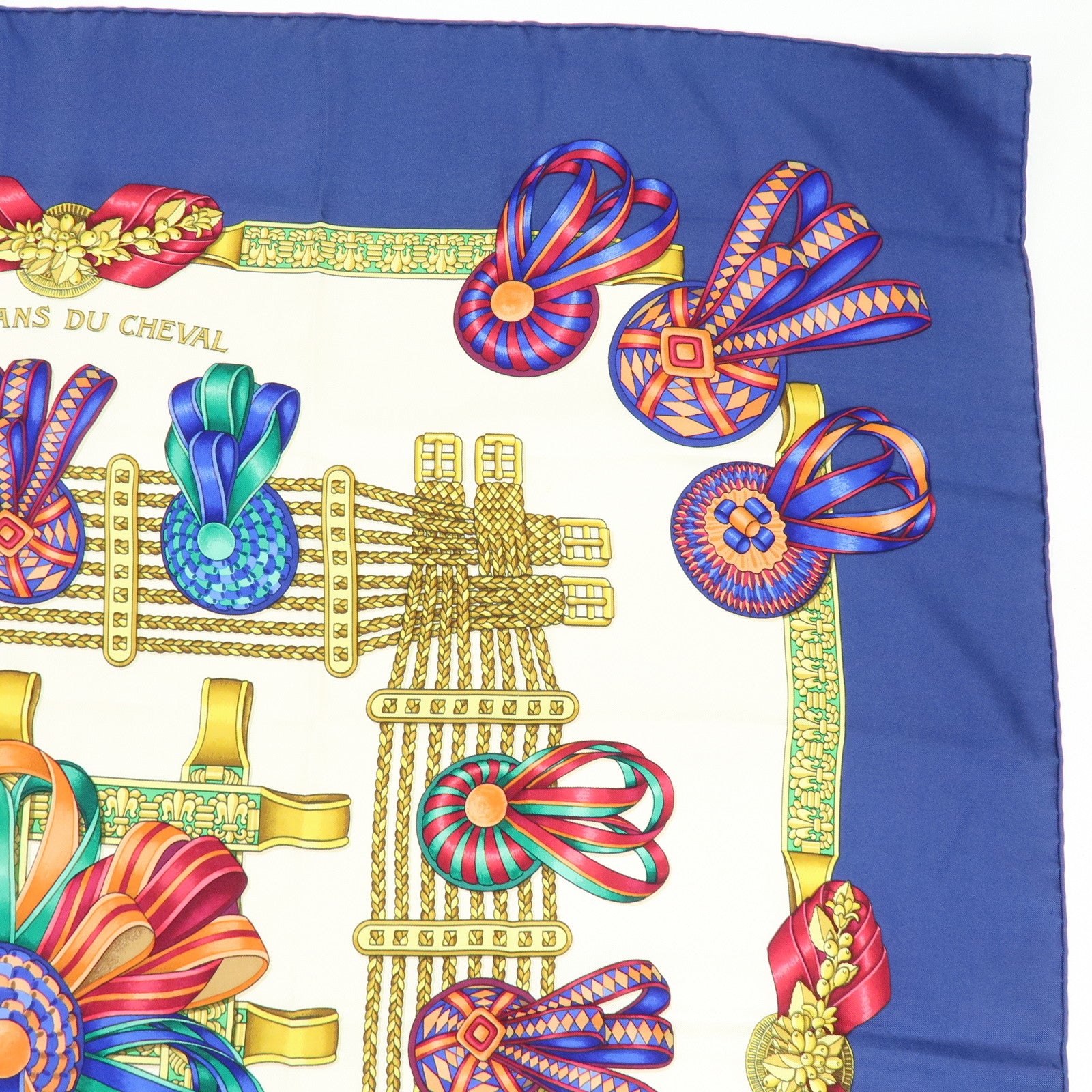 HERMES Carre 90 Silk 100% LES RUBANS DU CHEVAL Scarf Blue White