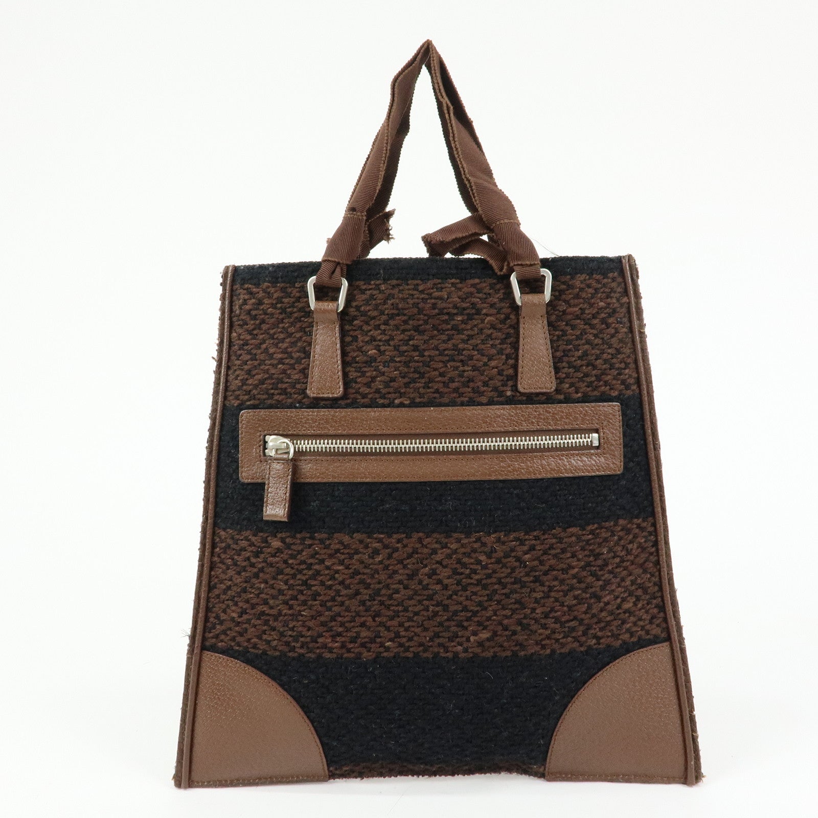 PRADA Triangle Logo Tweed Canvas Hand Bag Brown Black B11268