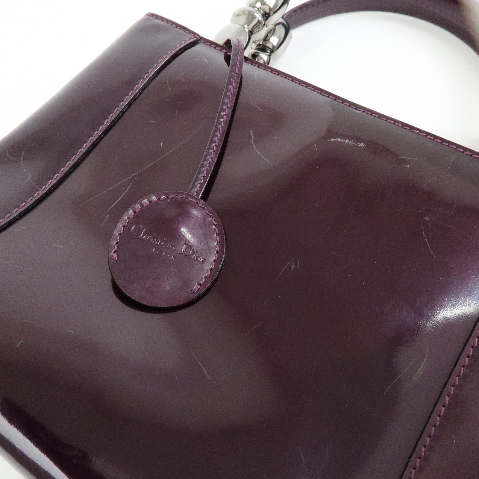 Christian Dior Maris Pearl Patent Leather Tote Bag Hand Bag Purple