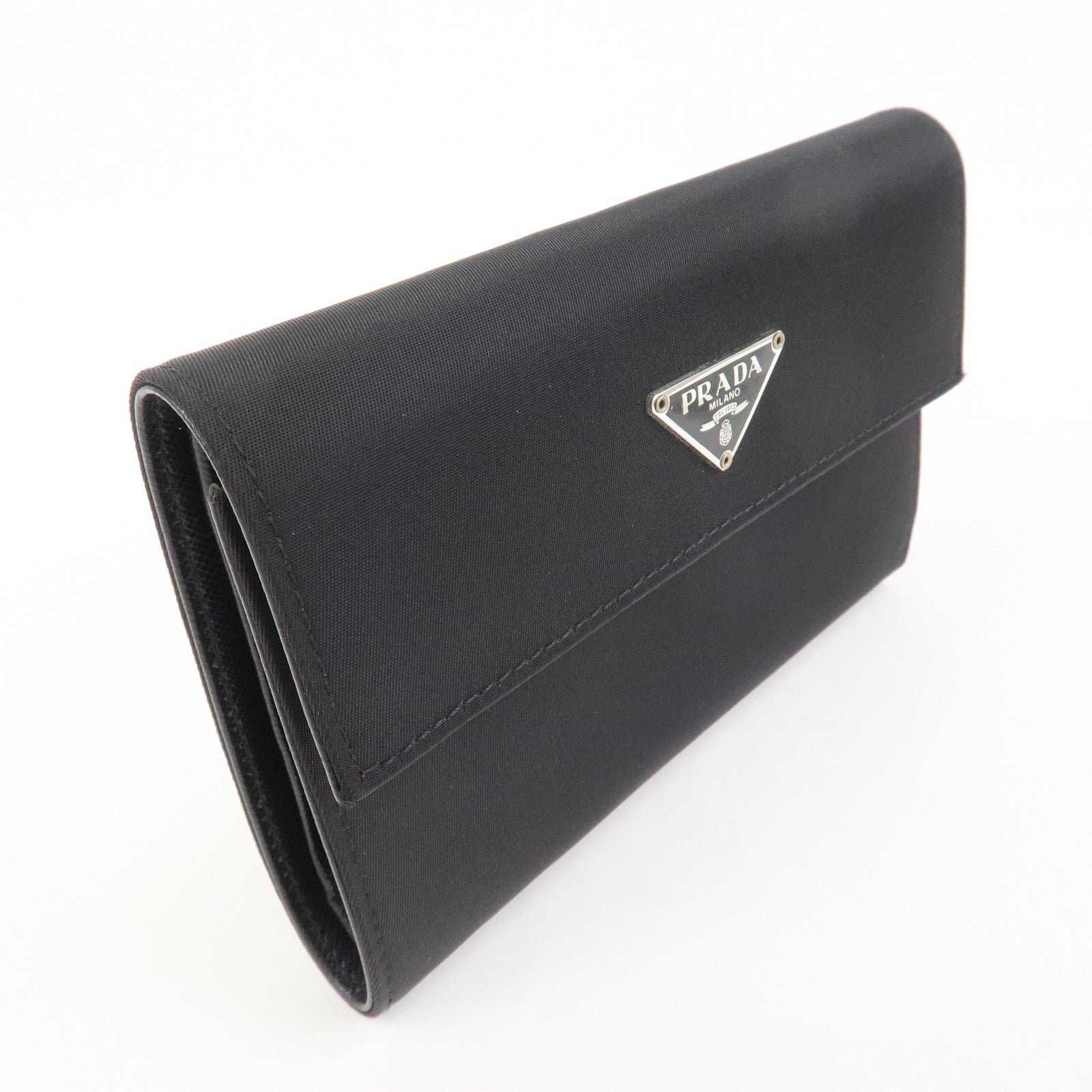 PRADA Triangle Logo Nylon Saffiano Leather Compact Wallet Black