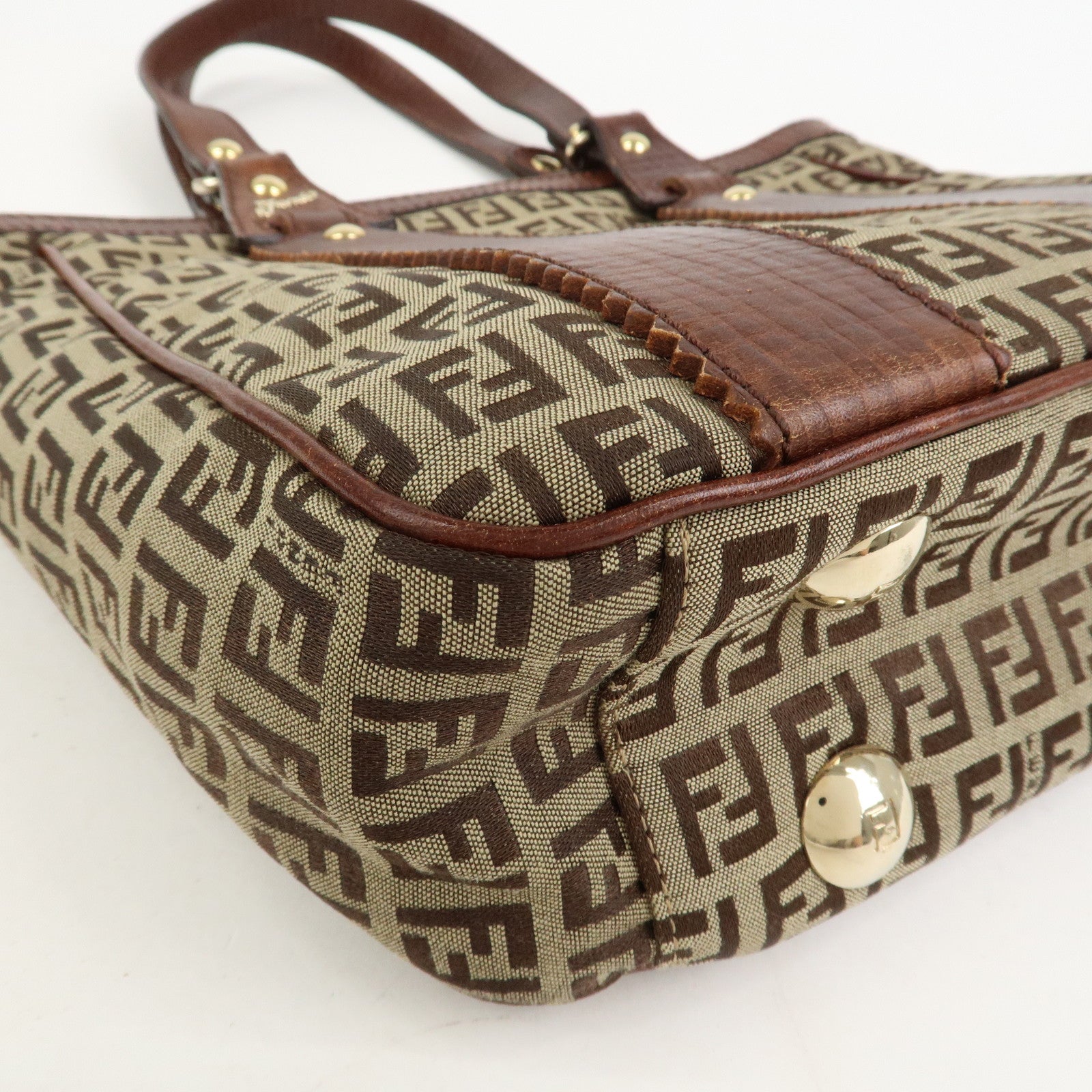 FENDI Zucchino Canvas Leather Tote Bag Shoulder Bag Brown 8BH161