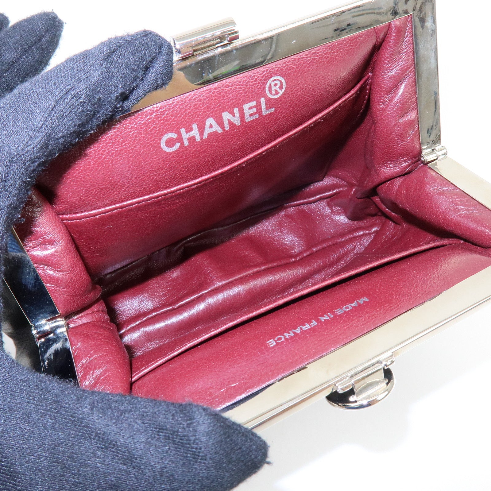 CHANEL Matelasse Lamb Skin Chain Kiss Lock Shoulder Bag Black