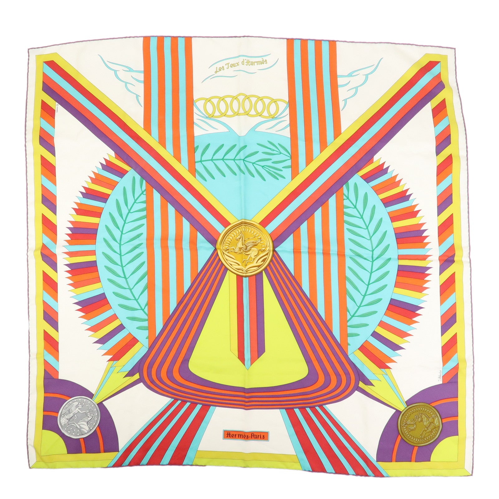 HERMES Carre 90 Silk 100% Scarf JES JEUX D'HERMES White Multicolor