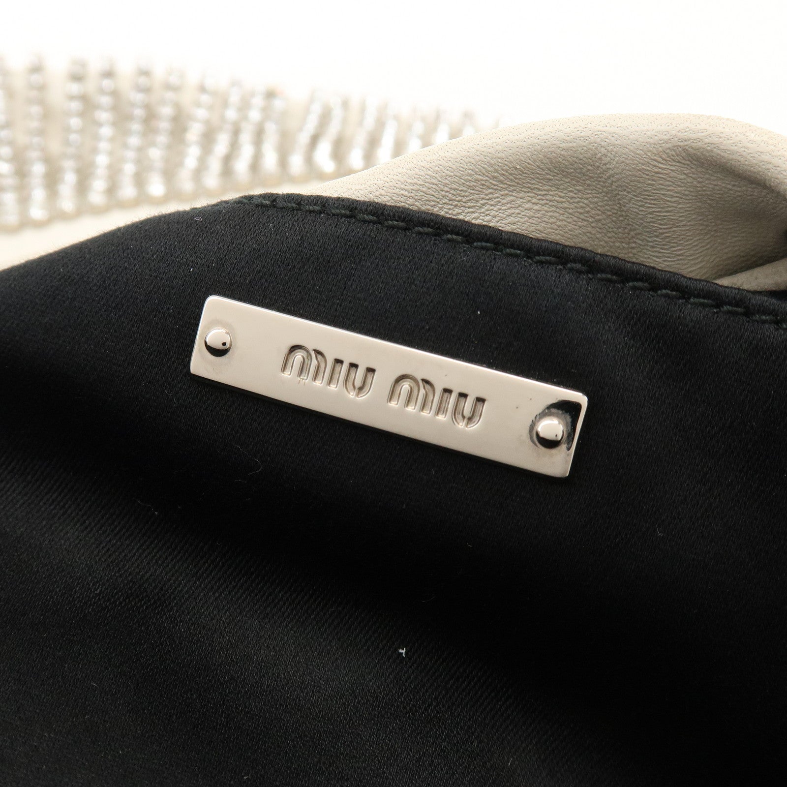 MIU MIU Logo Nappa Leather Strass Fringe 2Way Bag White 5BE014