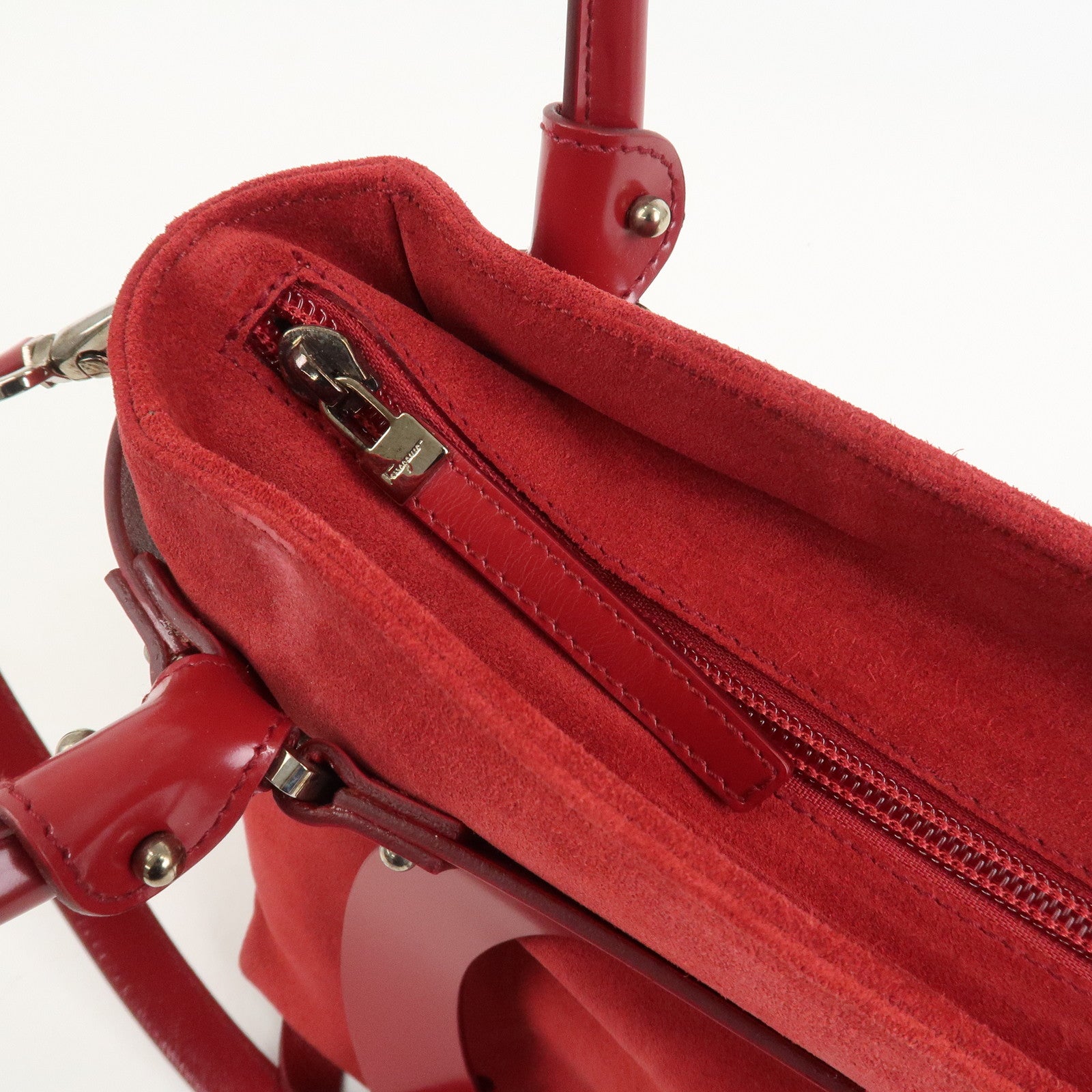 Ferragamo Gancini Suede Leather 2Way Bag Hand Bag Shoulder Bag Red