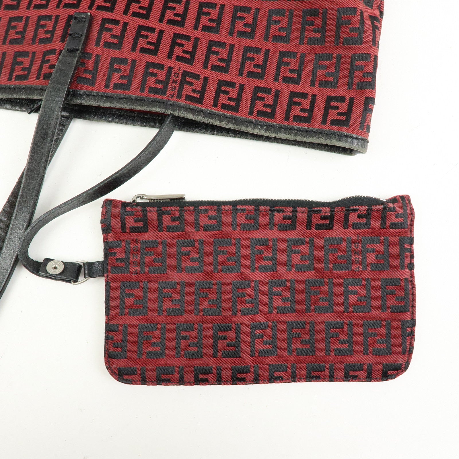 FENDI Zucchino Canvas Leather Tote Bag Hand Bag Red Black 8BH005