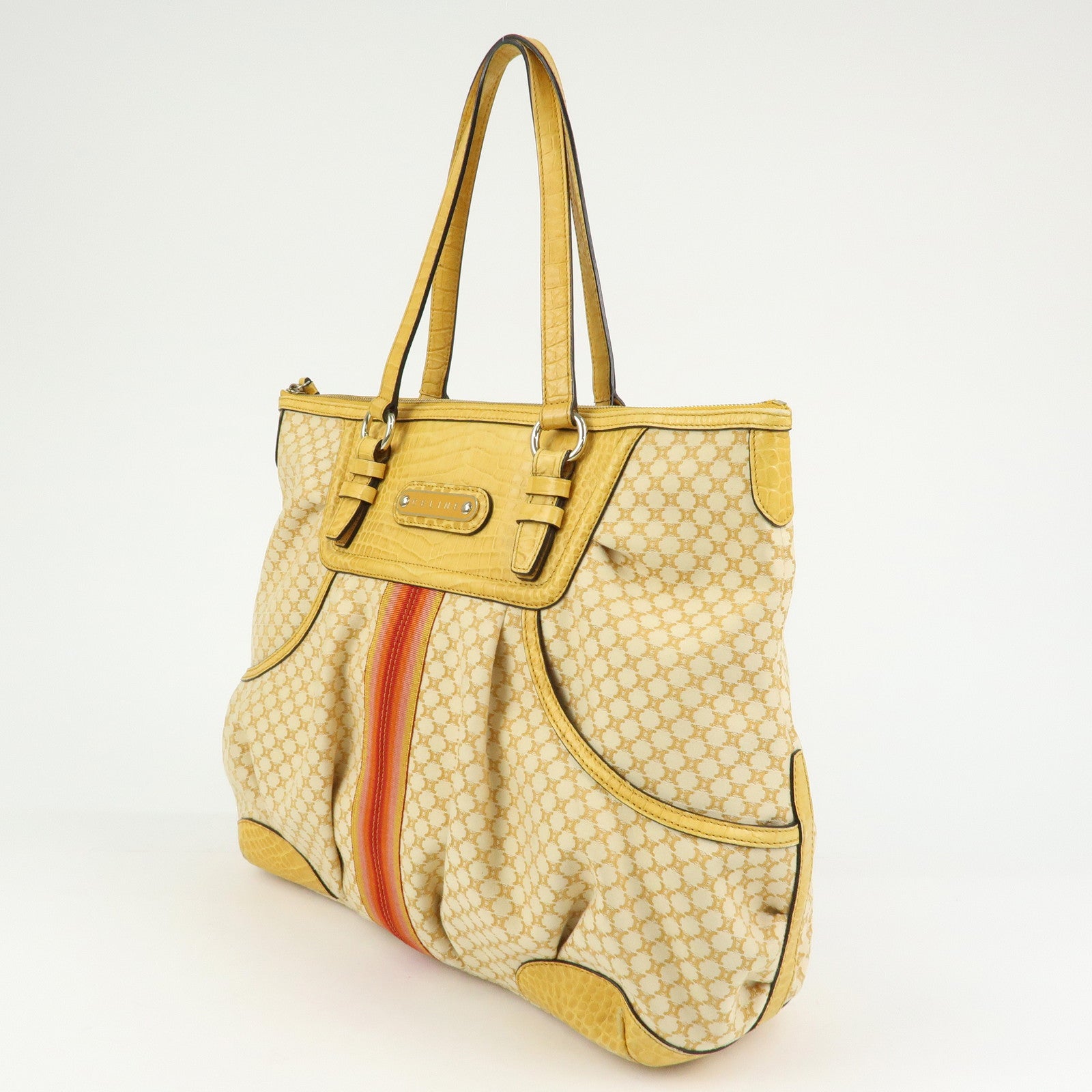 CELINE Macadam Canvas Leather Tote Bag Hand Bag Yellow Red Beige