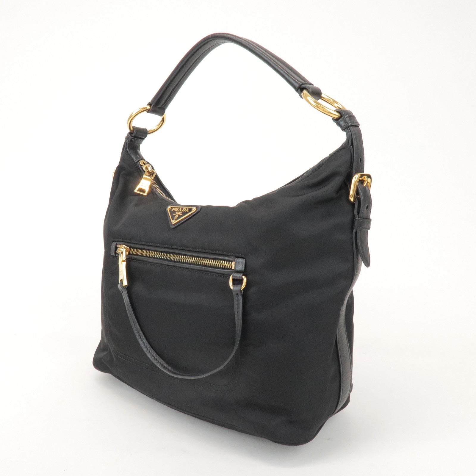 PRADA Triangle Logo Nylon Leather Shoulder Bag Black