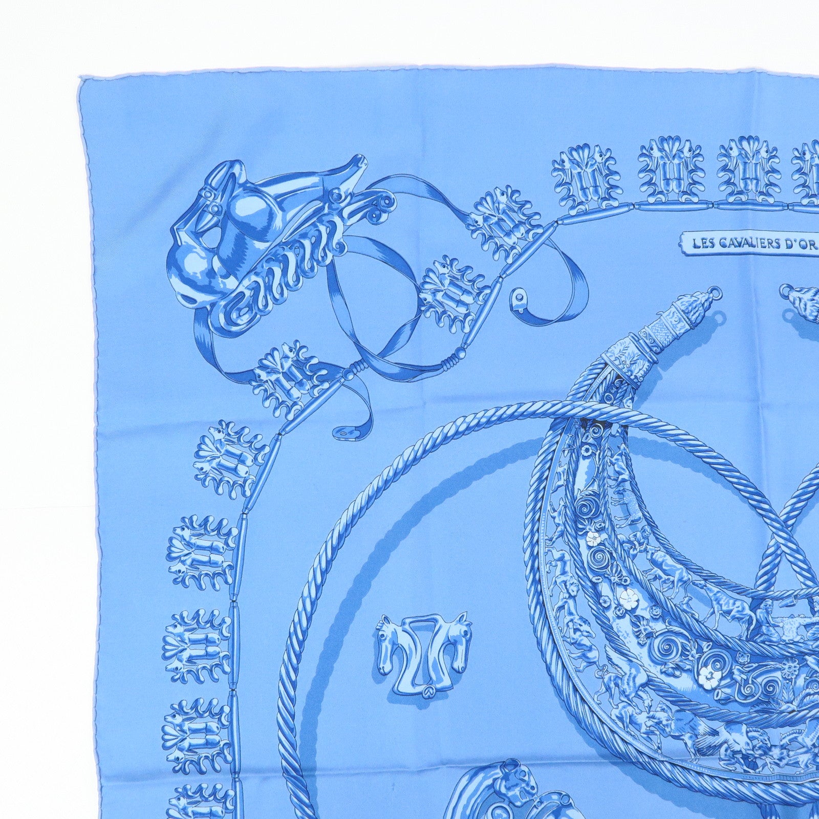 HERMES Carre 90 Silk 100% LES CAVALIERS D'OR Scarf Light Blue