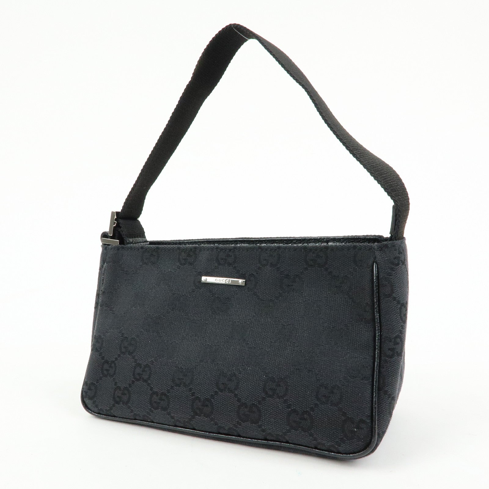 GUCCI Logo GG Canvas Leather Small Hand Bag Pouch Black 106644