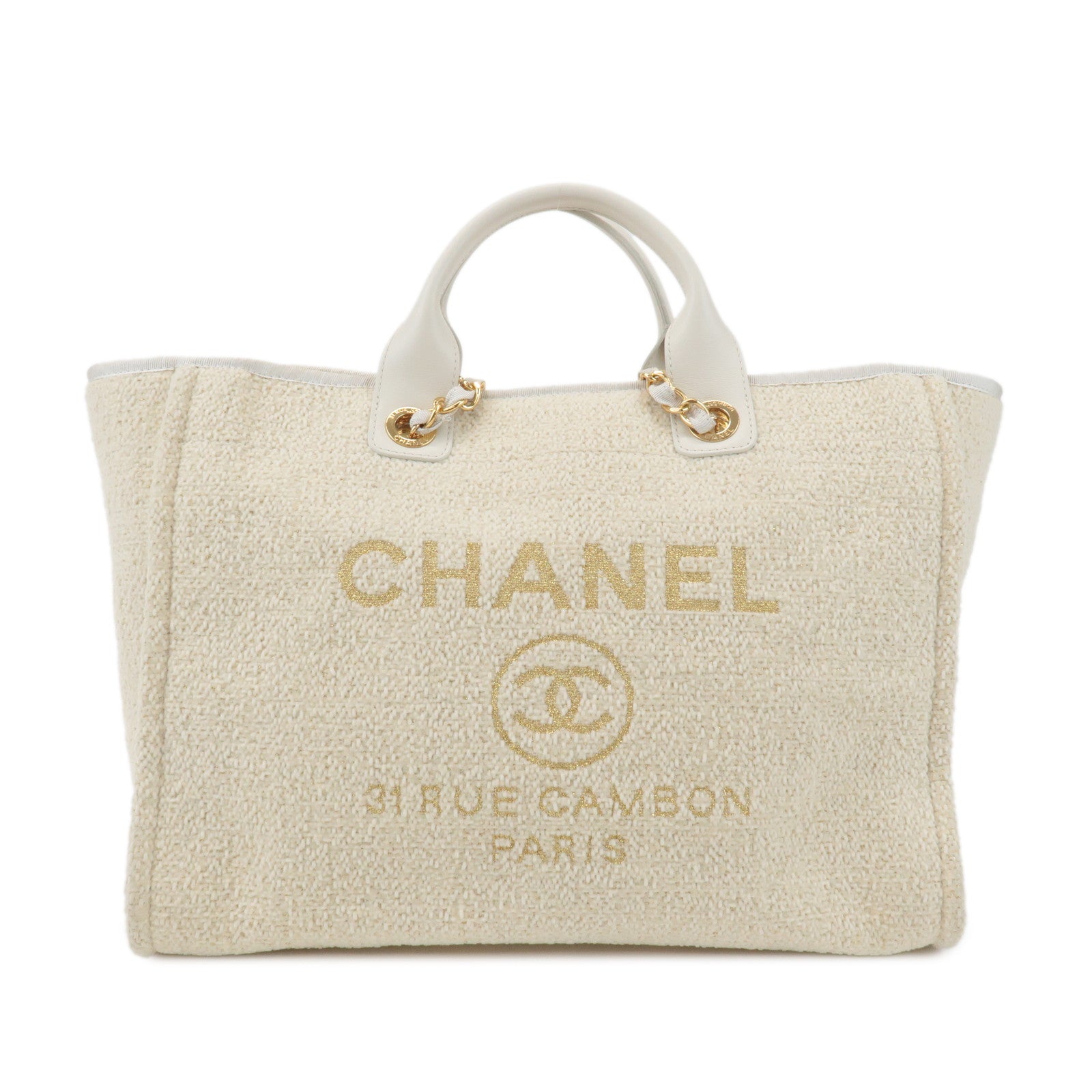 CHANEL Deauville 2Way Leather Tweed Tote Shoulder Bag Ivory Used