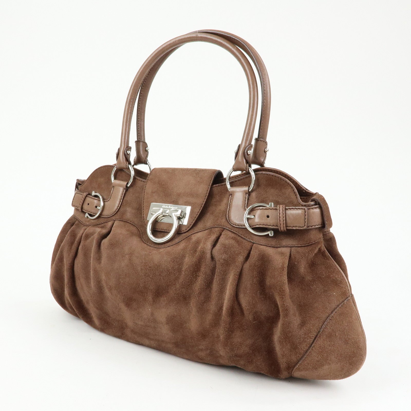 Ferragamo Gancini Suede Leather Shoulder Bag Hand Bag Brown