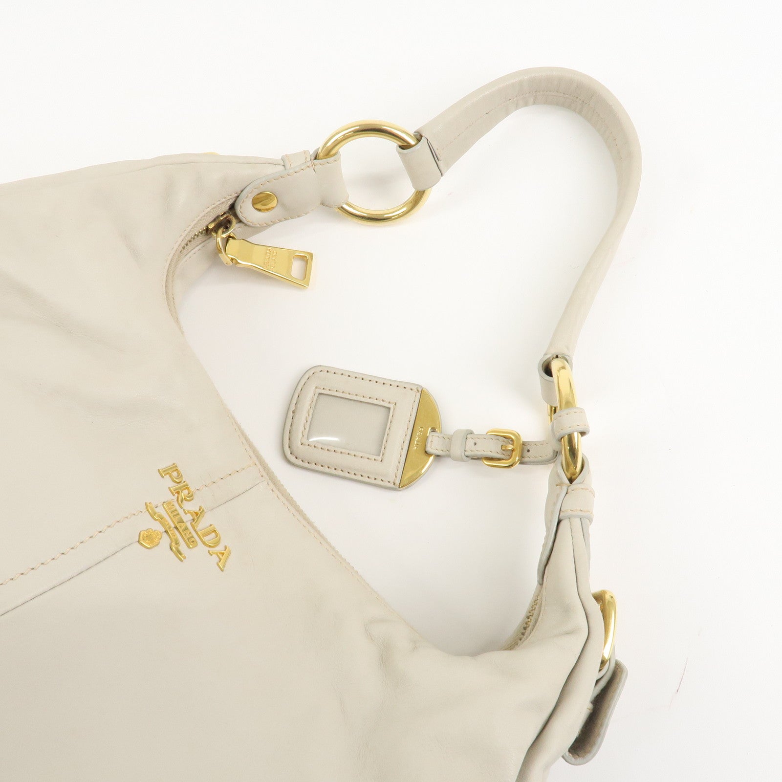 PRADA Logo Leather Shoulder Bag Hand Bag Ivory Gold Hardware Used