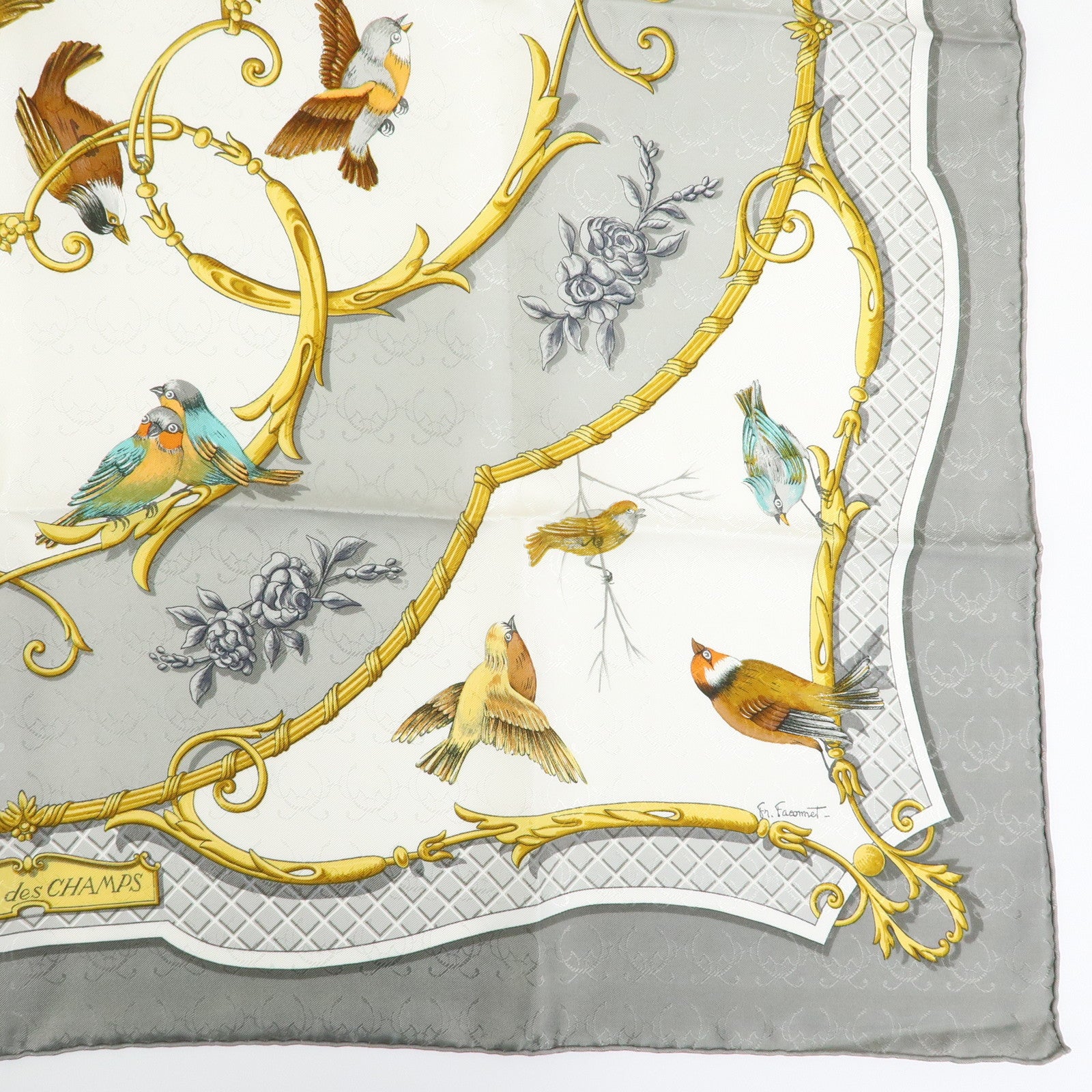 HERMES Carre 90 Silk 100% Scarf LA CLE des CHAMPS Gray Gold Brown