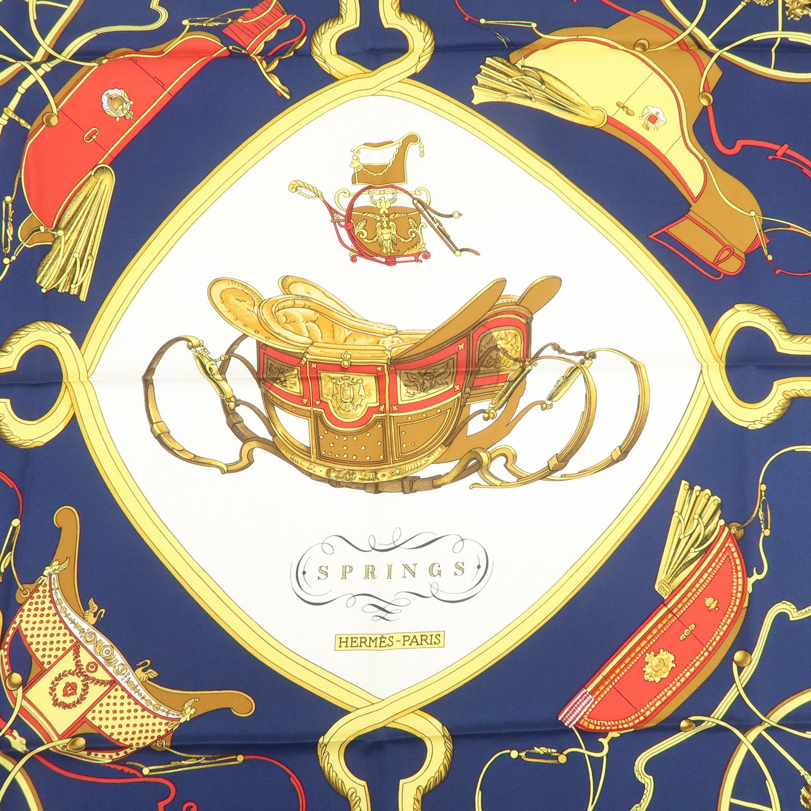 HERMES Carre 90 Silk 100% Scarf SPRINGS Navy