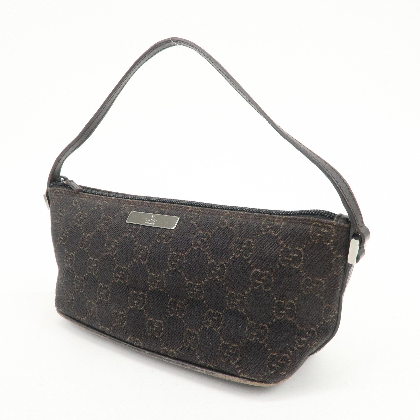 GUCCI Boat Bag GG Denim Togo Leather Hand Bag Dark Brown 07198