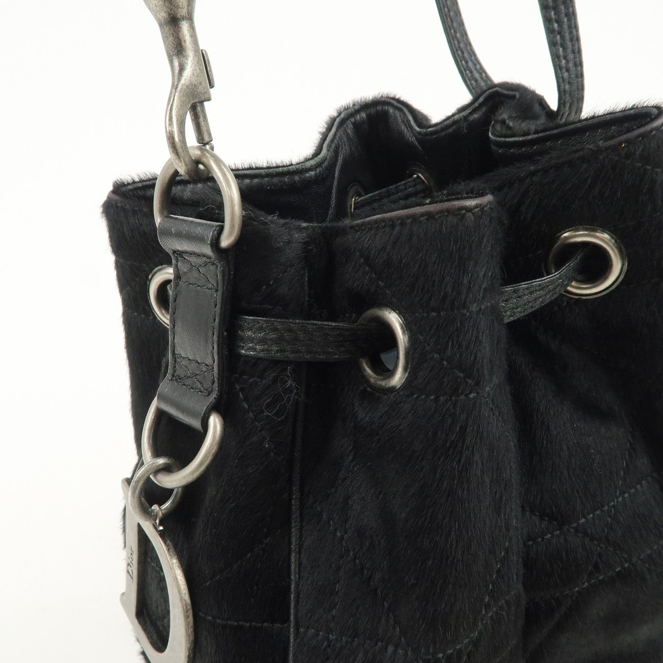 Christian Dior Unborn Carf Leather Drawstring Hand Bag Black Silver