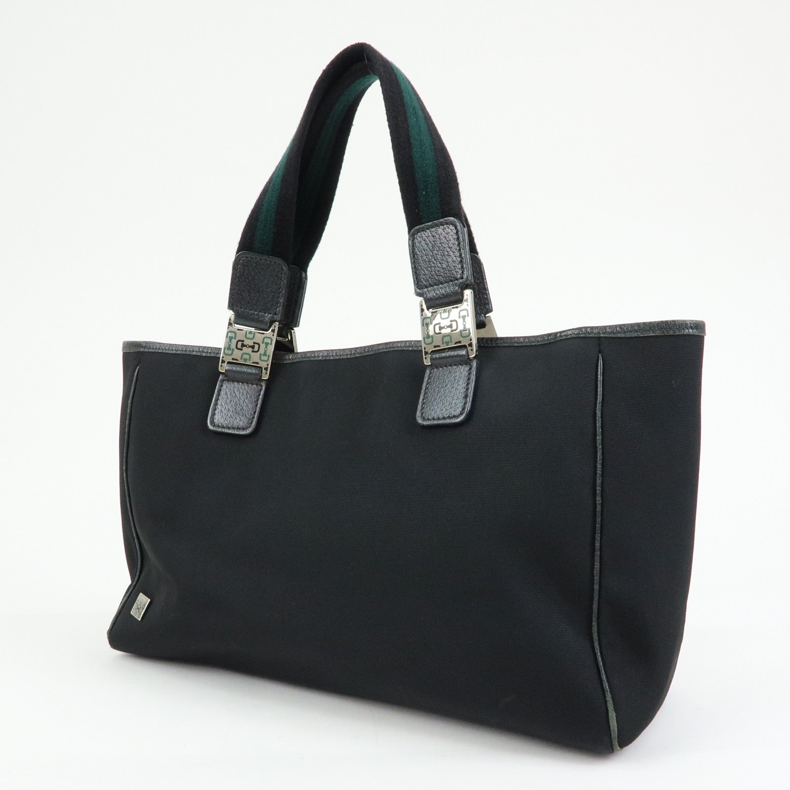 GUCCI Sherry Nylon Leather Tote Bag Hand Bag Black 145758