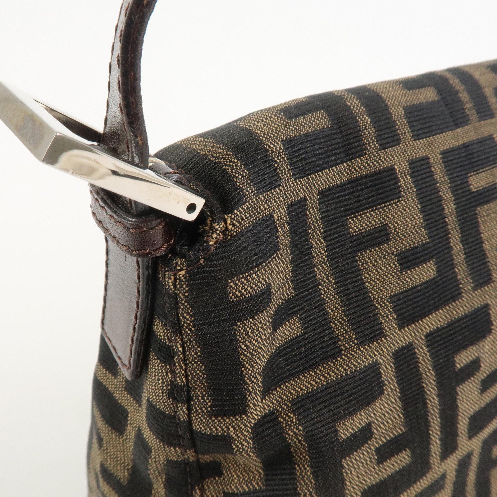 FENDI Mamma Baguette Zucca Canvas Leather Shoulder Bag Brown 26325