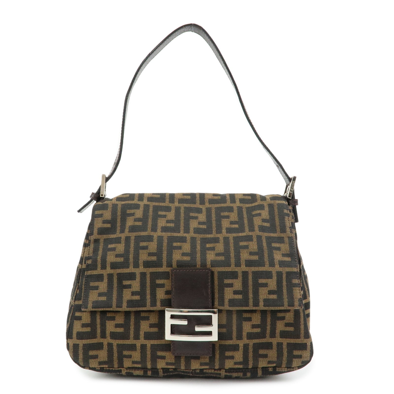 FENDI Mamma Baguette Zucca Canvas Leather Shoulder Bag Brown 26325