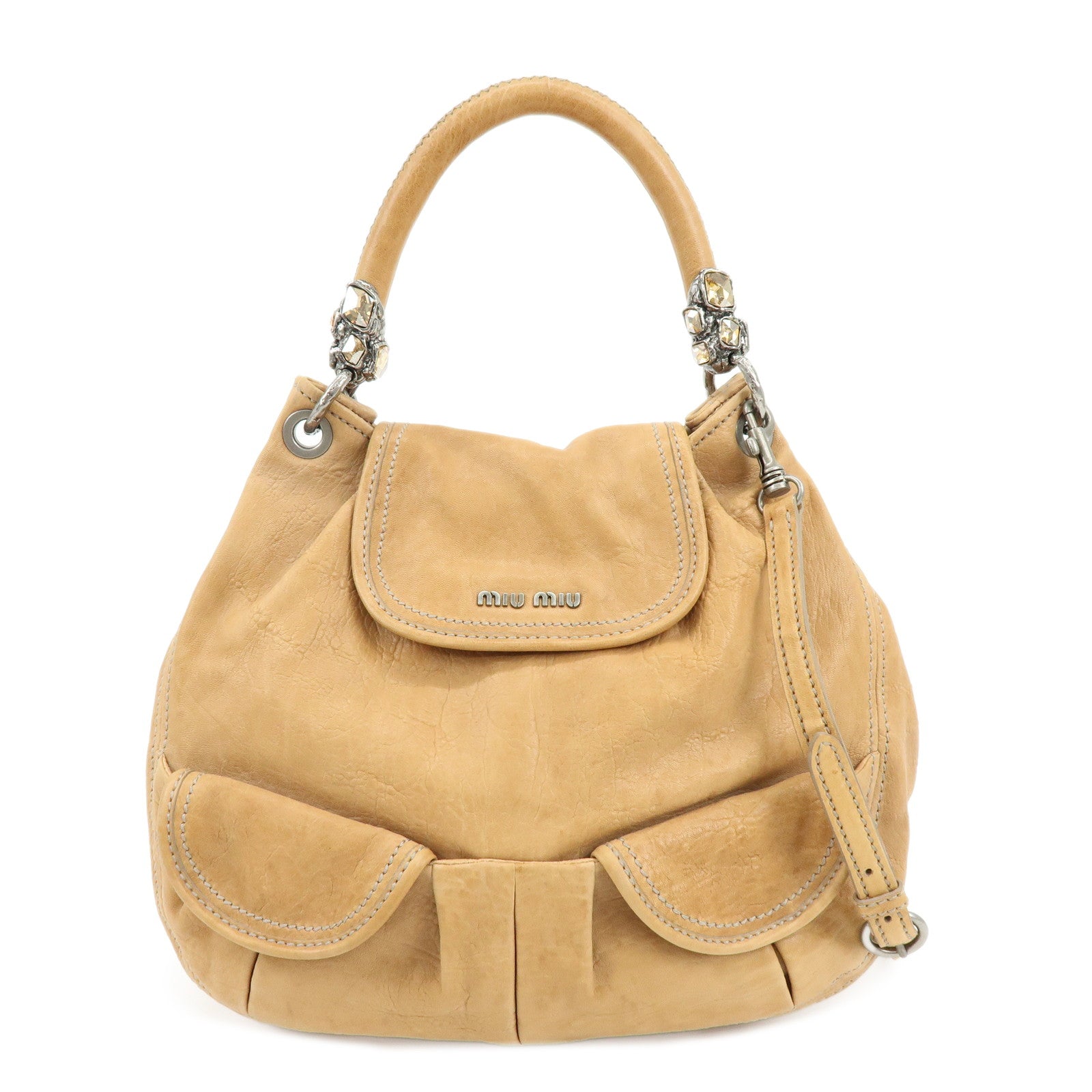 MIU MIU Leather 2Way Bag Hand Bag Shoulder Bag Brown Crystal