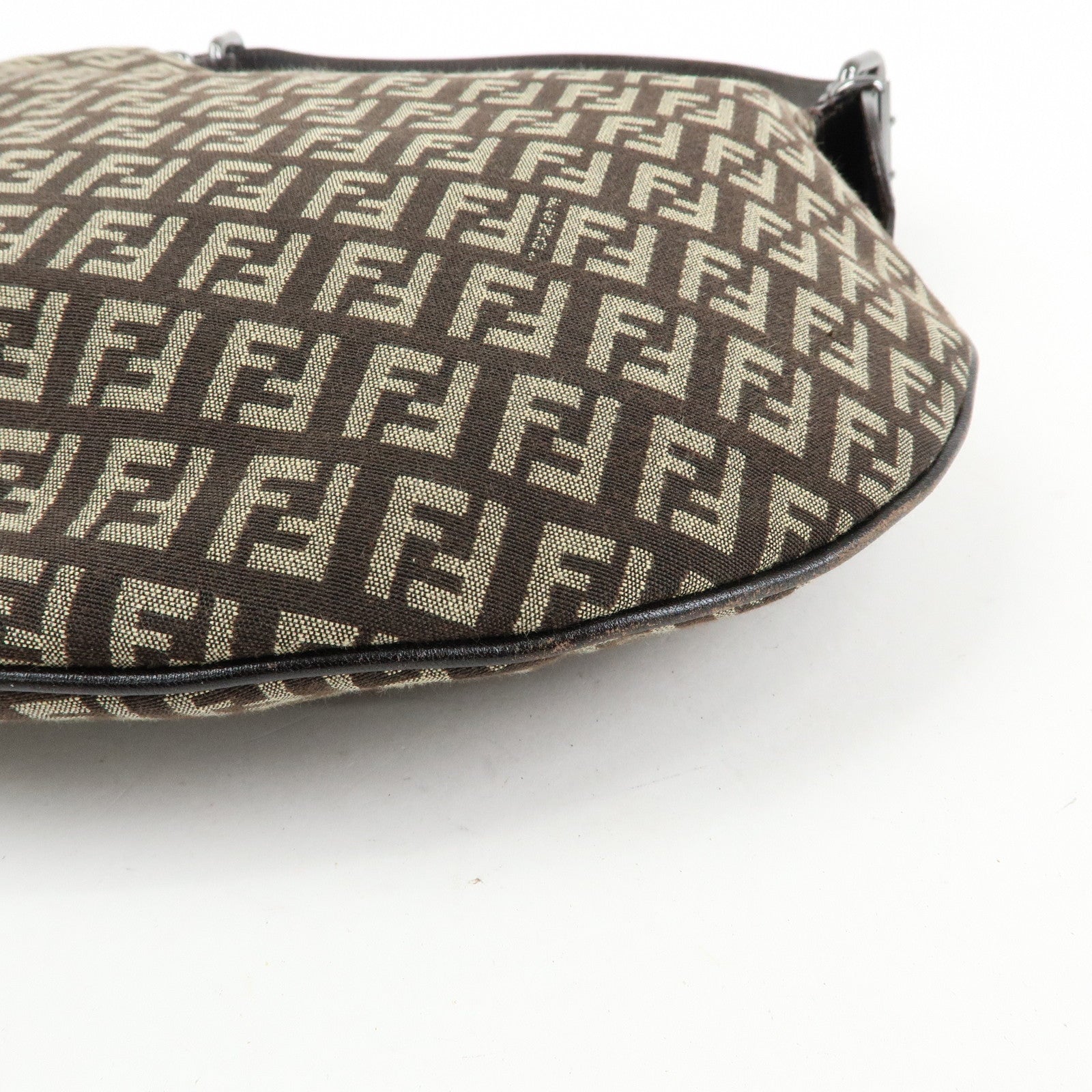 FENDI Zucchino Canvas Leather Shoulder Bag Dark Brown 8BR228