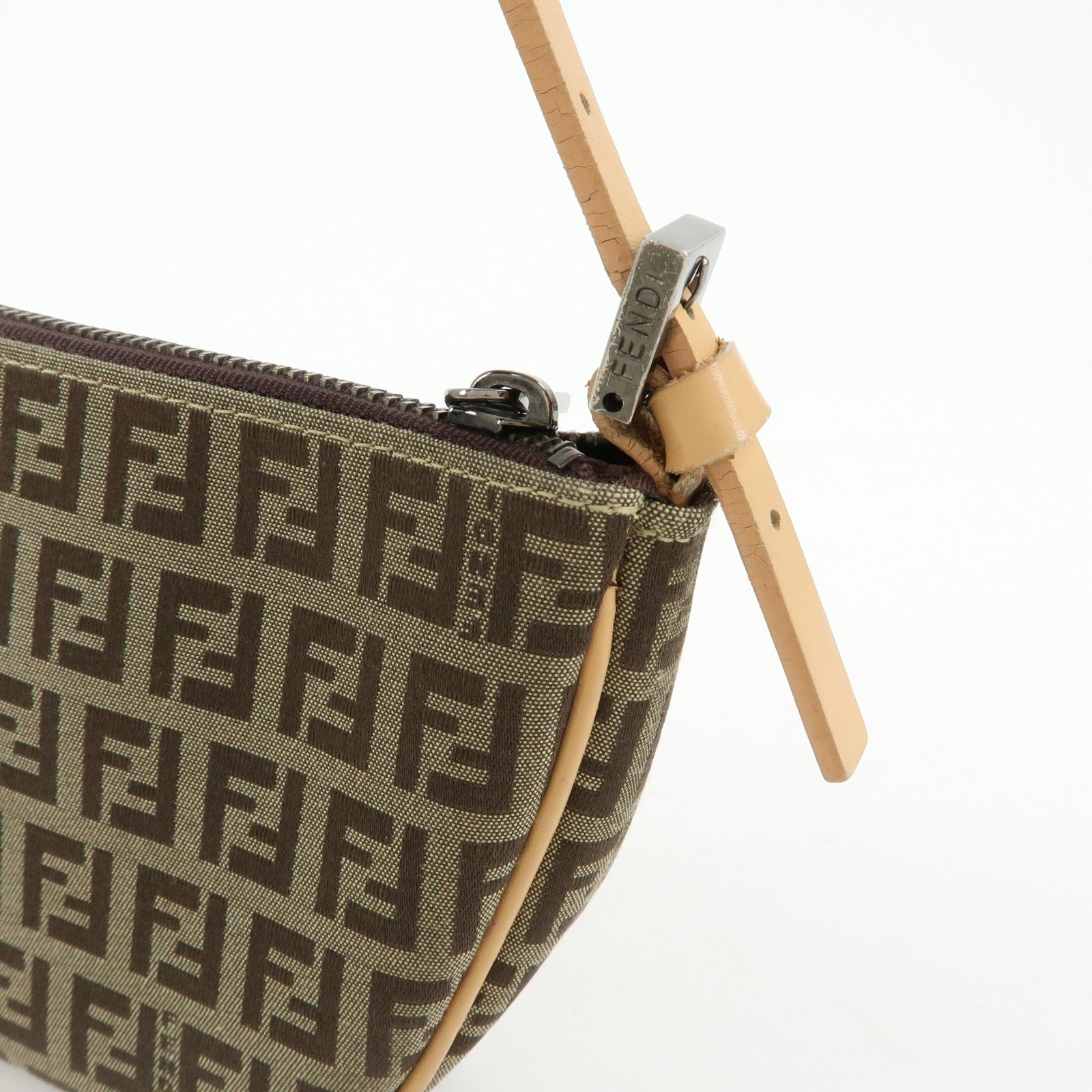 FENDI Zucchino Canvas Leather Shoulder Bag Hand Bag Beige 8BR144