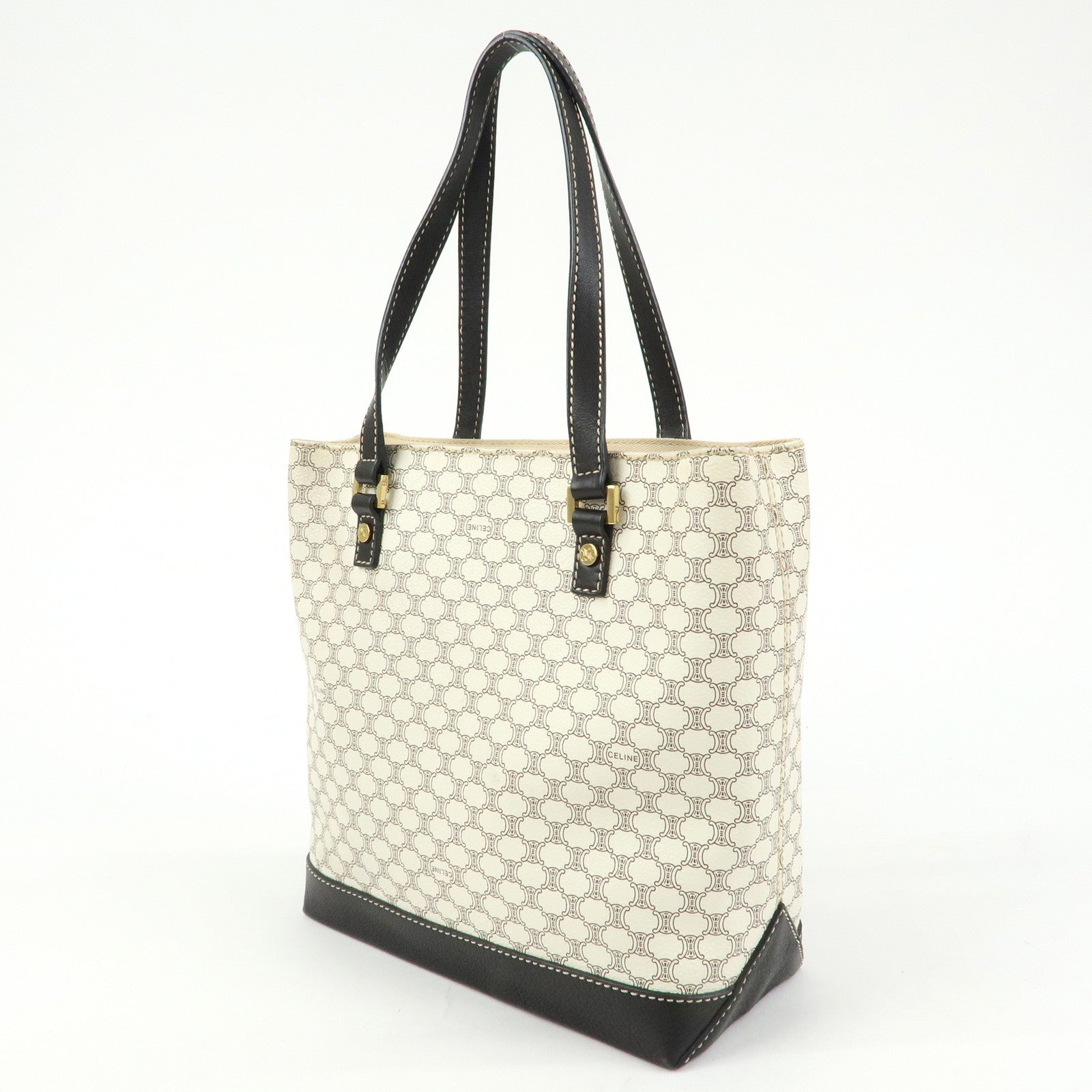 CELINE Macadam PVC Coated Canvas Leather Tote Bag White Dark Brown