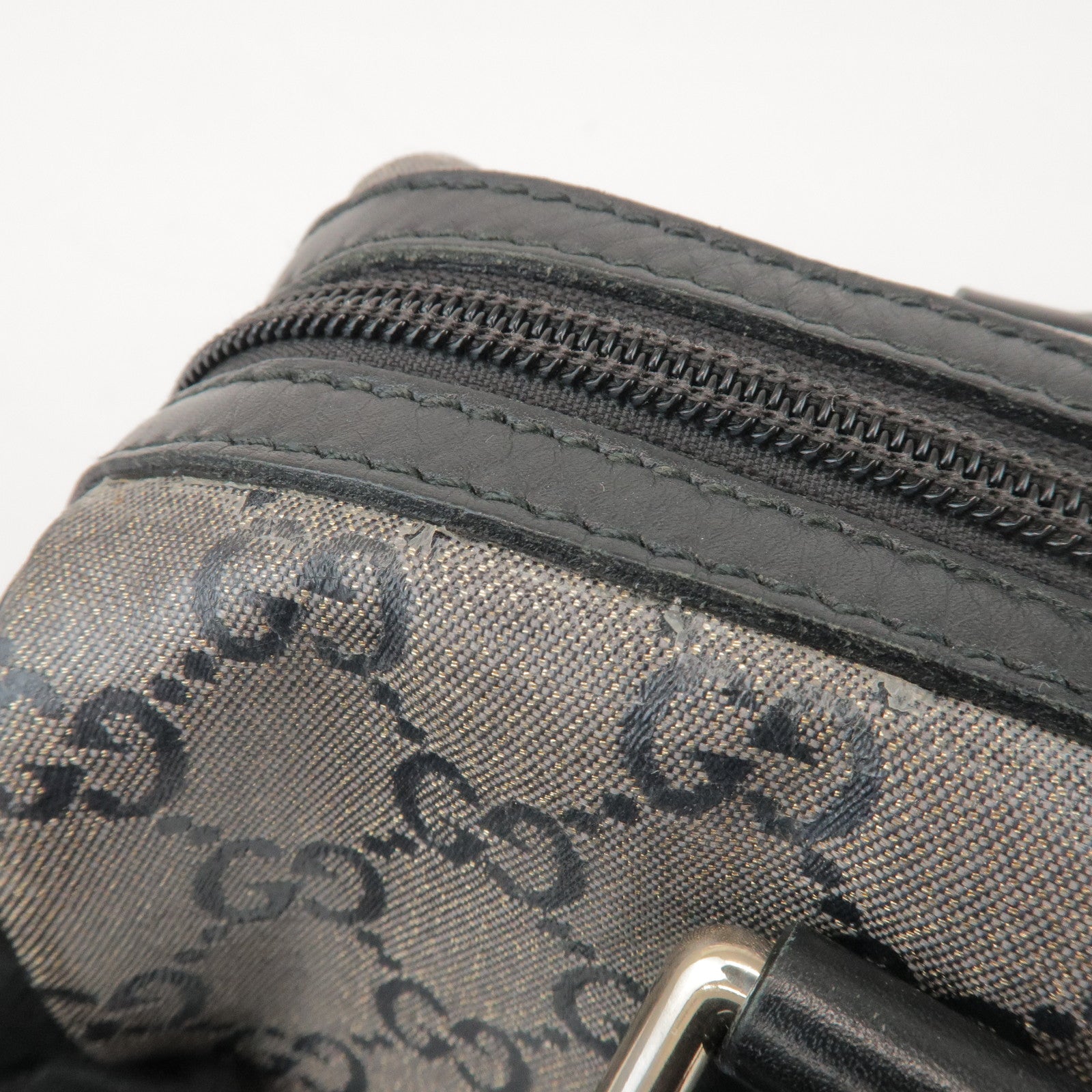 GUCCI GG Crystal Leather Boston Bag Hand Bag Silver Black 257289