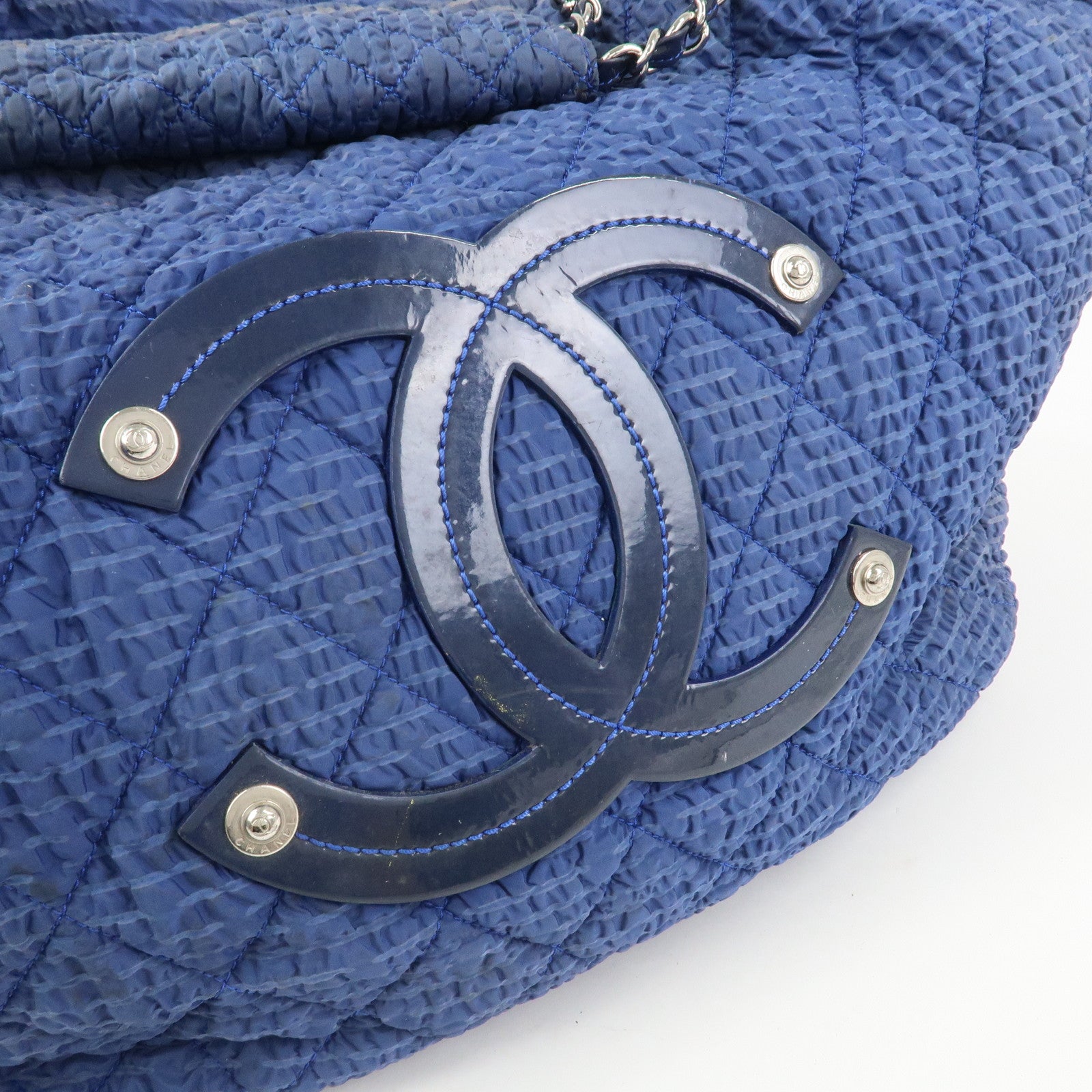 CHANEL Matelasse COCO Mark Nylon Patent Leather Shoulder Bag Blue