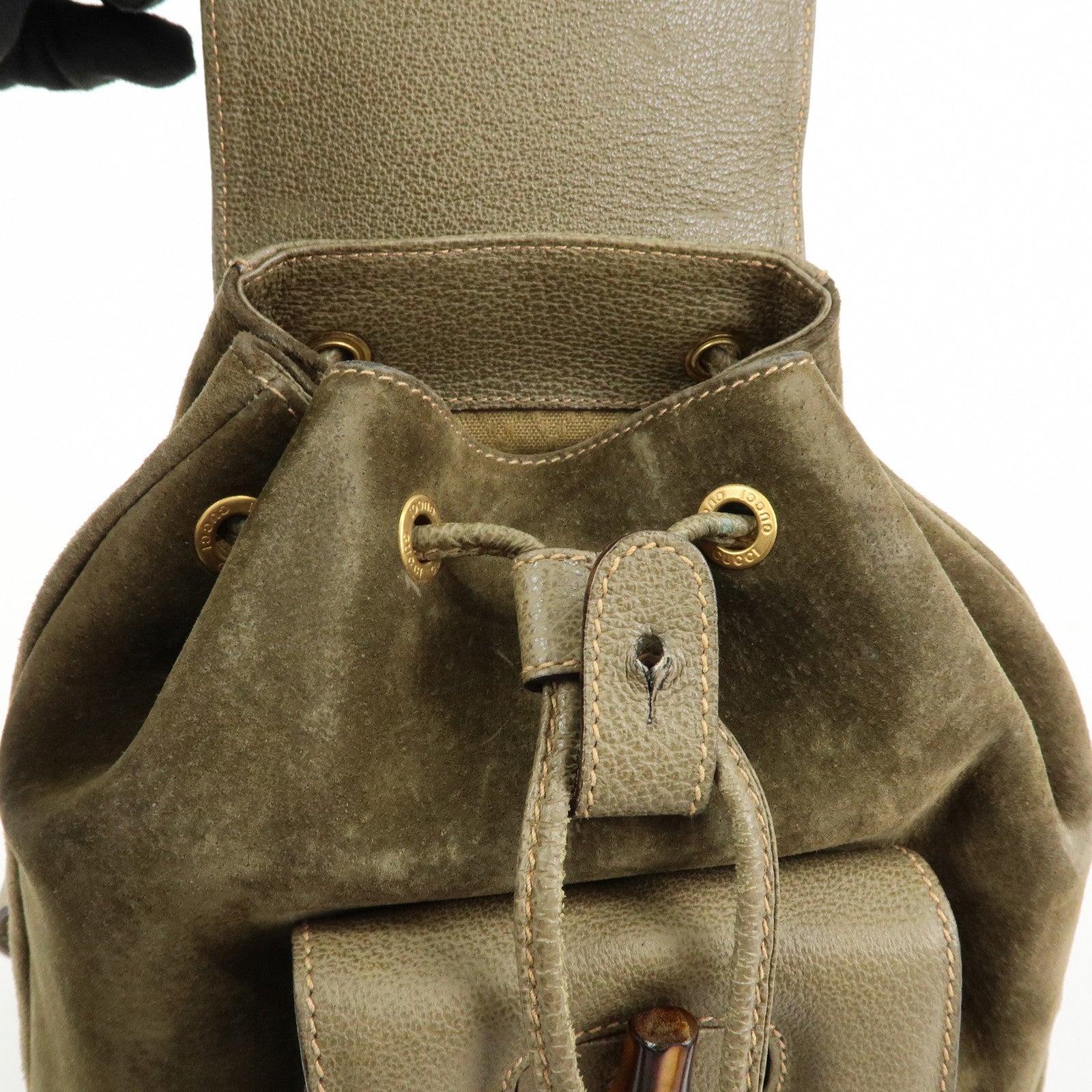 GUCCI Bamboo Suede Leather Backpack Rucksack Khaki 003・2058