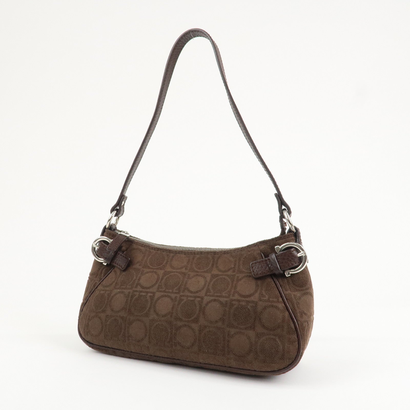 Ferragamo Gancini Leather Cotton Accessory Pouch Hand Bag Brown