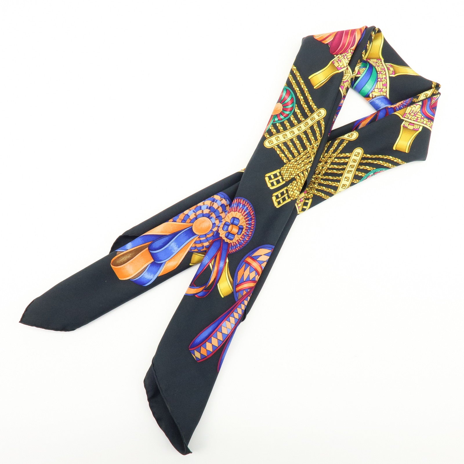 HERMES Carre 90 Silk 100% Scarf LES RUBANS DU CHEVAL Black
