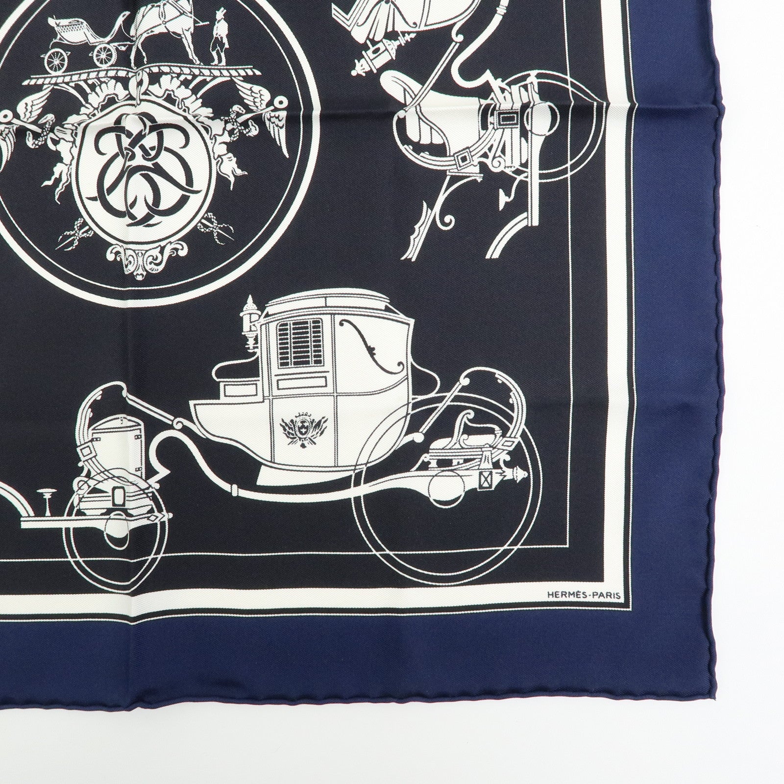 HERMES Carre 42 Silk 100% Ex-Libris Fringe Scarf Black Navy