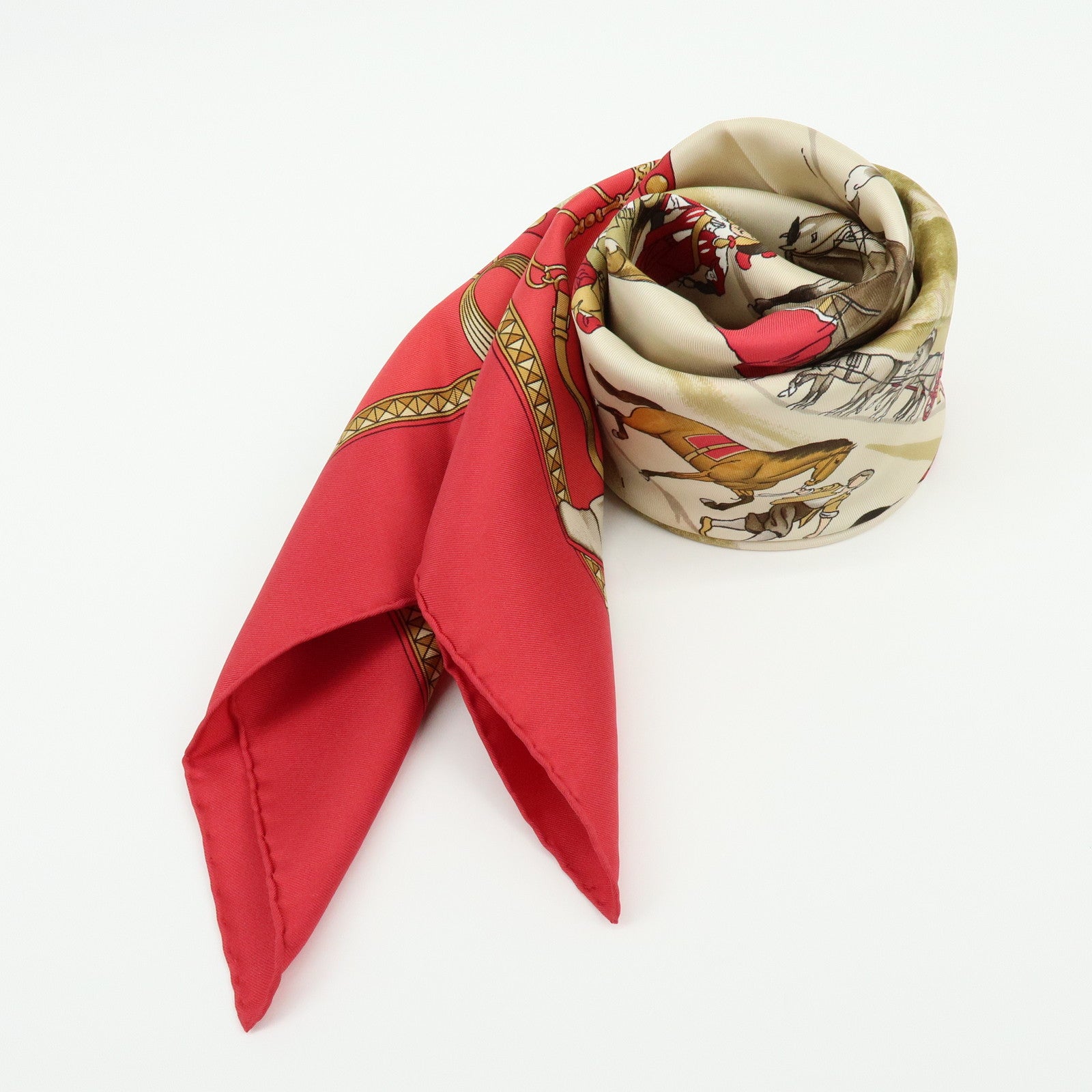 HERMES Carre 90 Silk 100% Scarf PRESENTATION DE CHEVAVX Beige Red