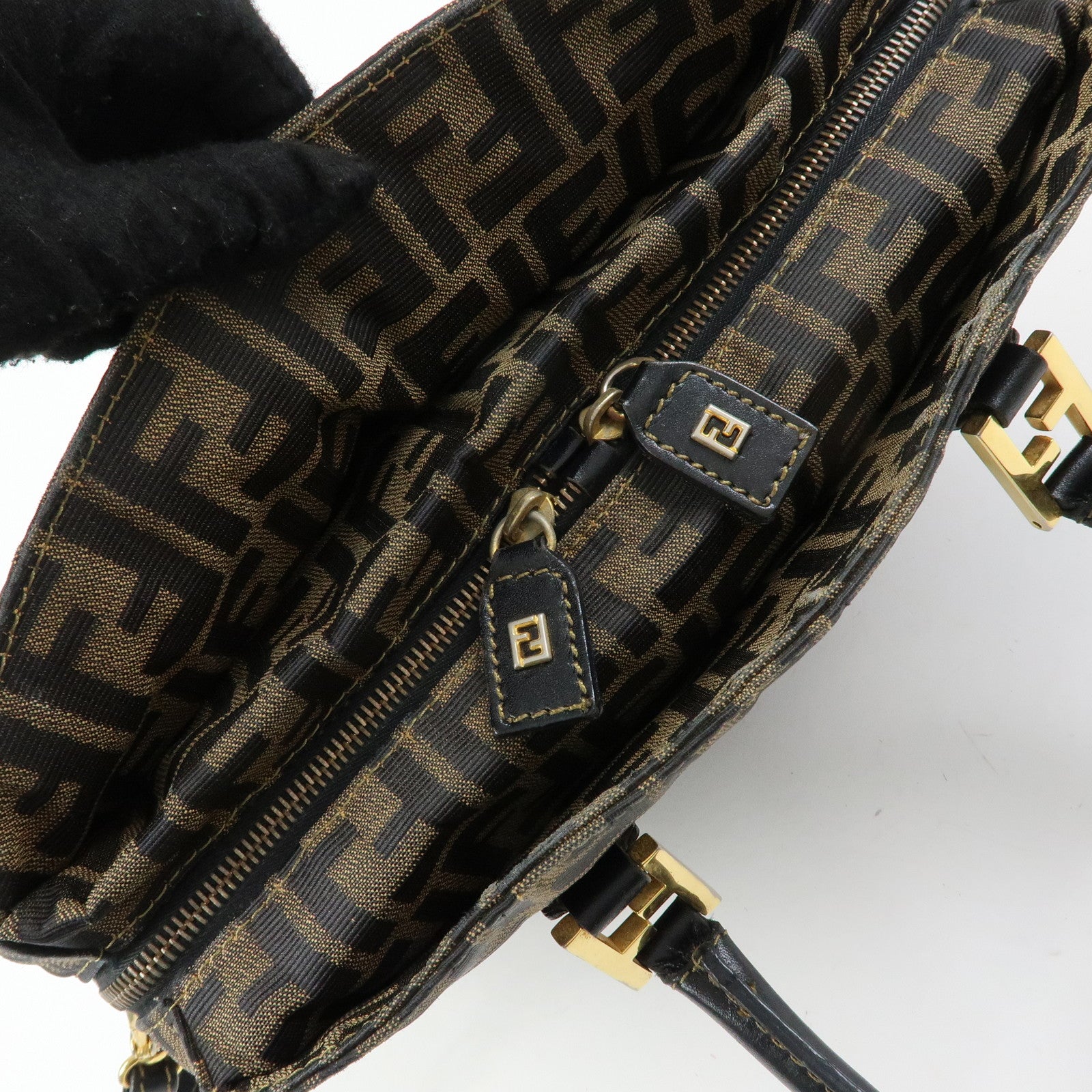 FENDI Zucca Canvas Leather 2Way Bag Hand Bag Shoulder Bag Brown