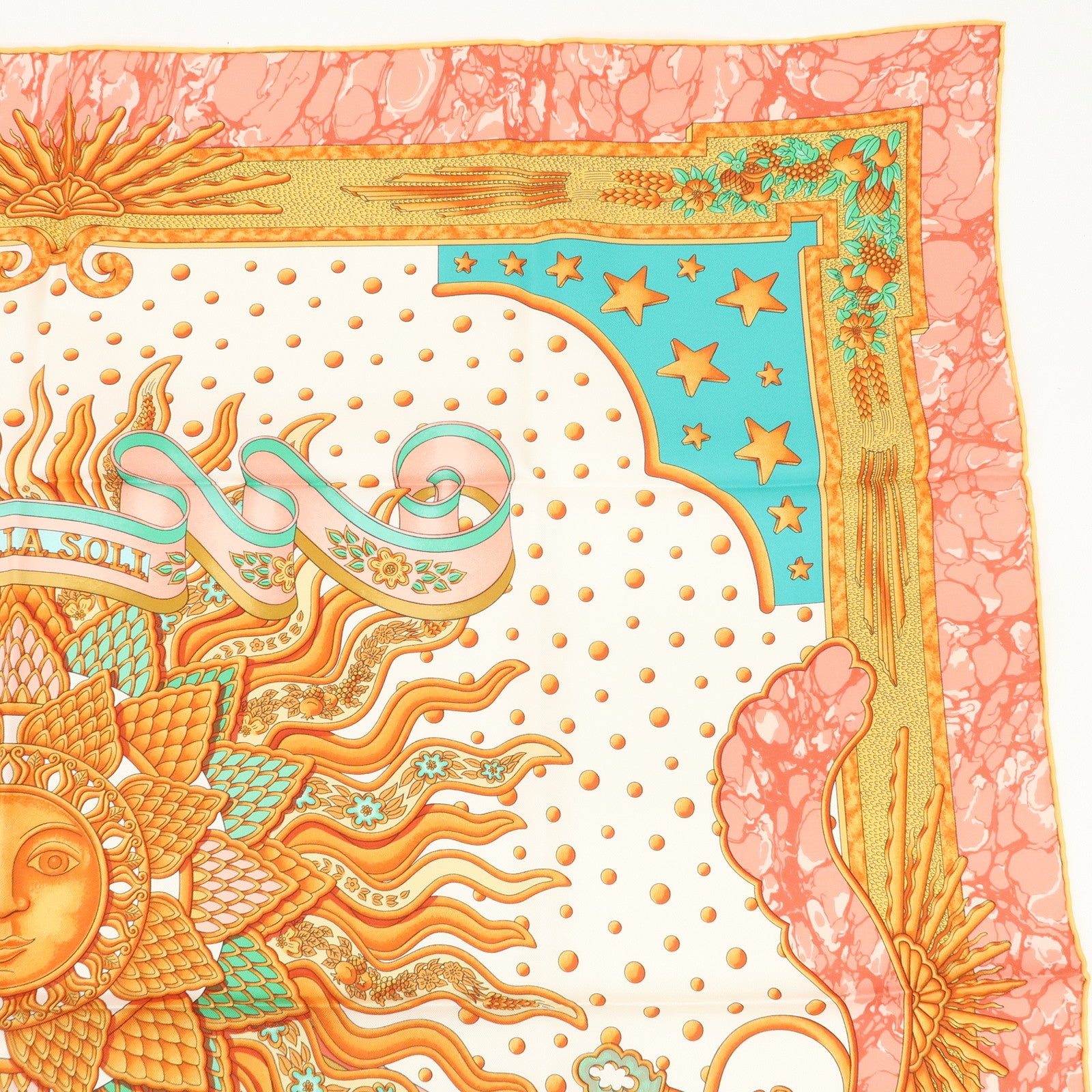 HERMES Carre 90 Silk 100% Scarf CARPE DIEM Pink White