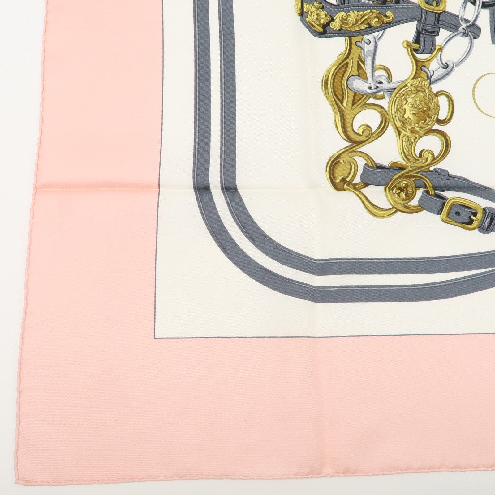 HERMES Carre 90 Silk 100% RIDES DE GALA Scarf Light Pink White
