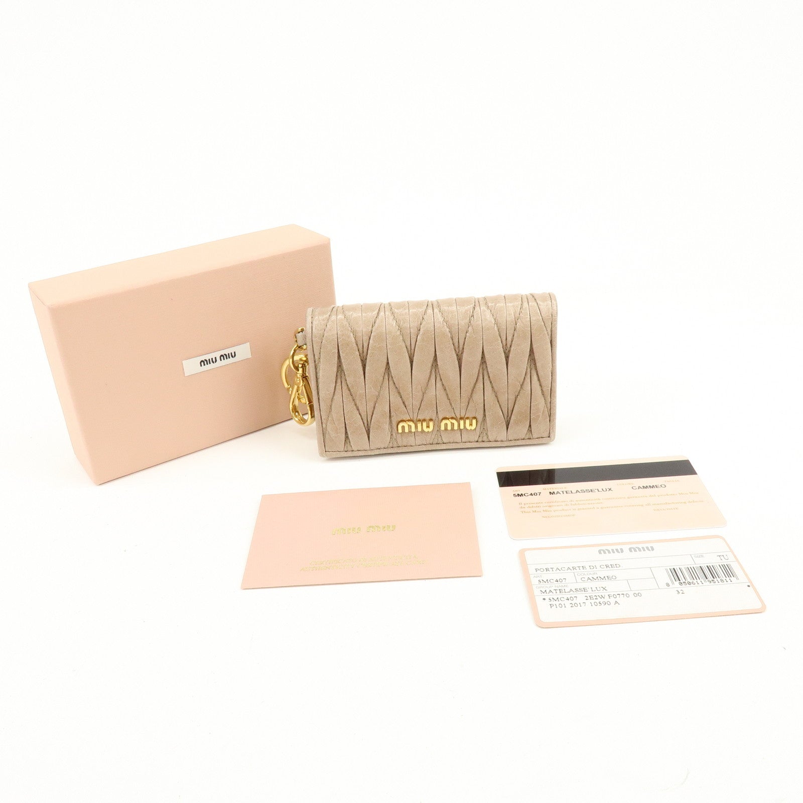 MIU MIU Matelasse Leather Card Case Card Holder Pink Beige 5MC407