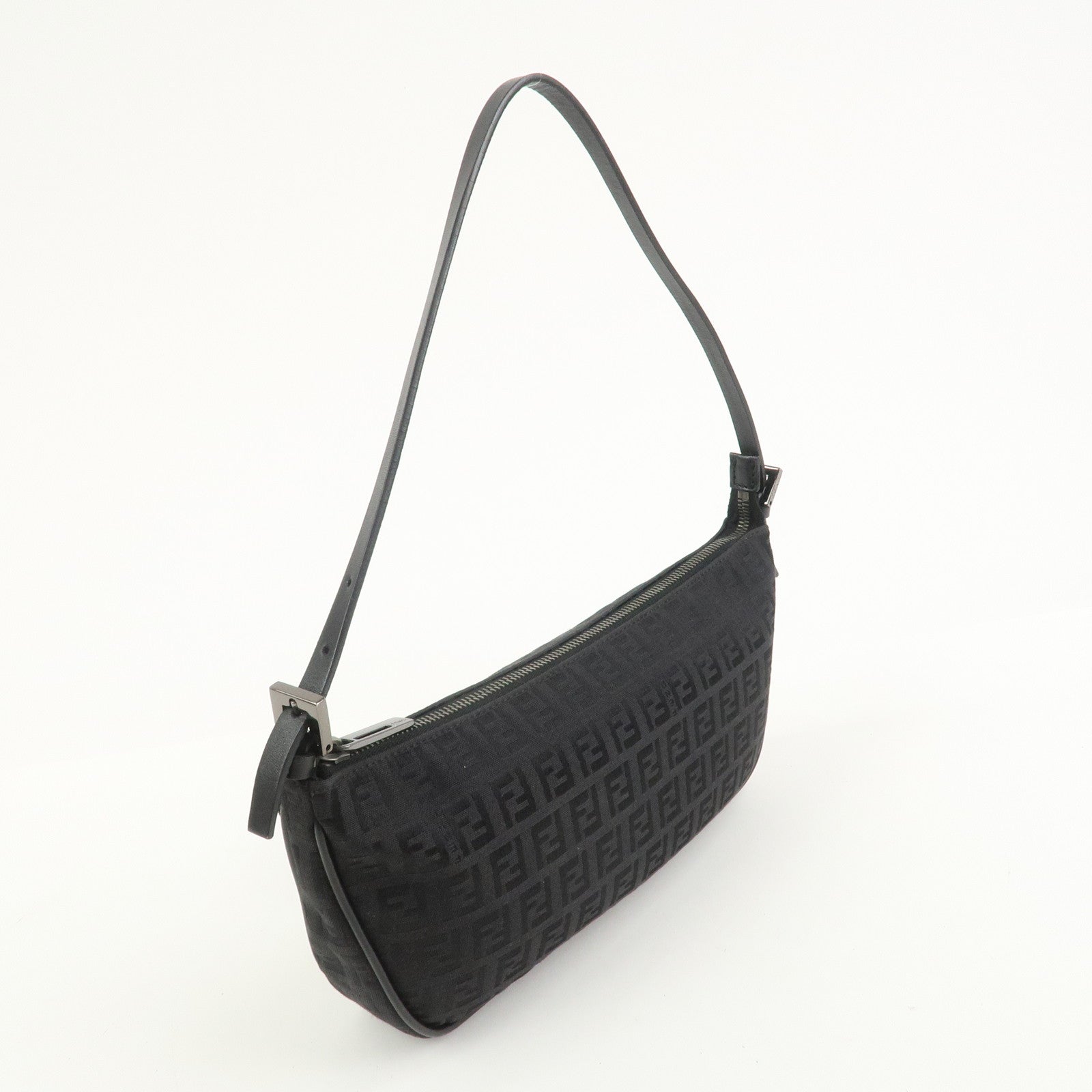 FENDI Zucchino Canvas Leather Shoulder Bag Hand Bag Black