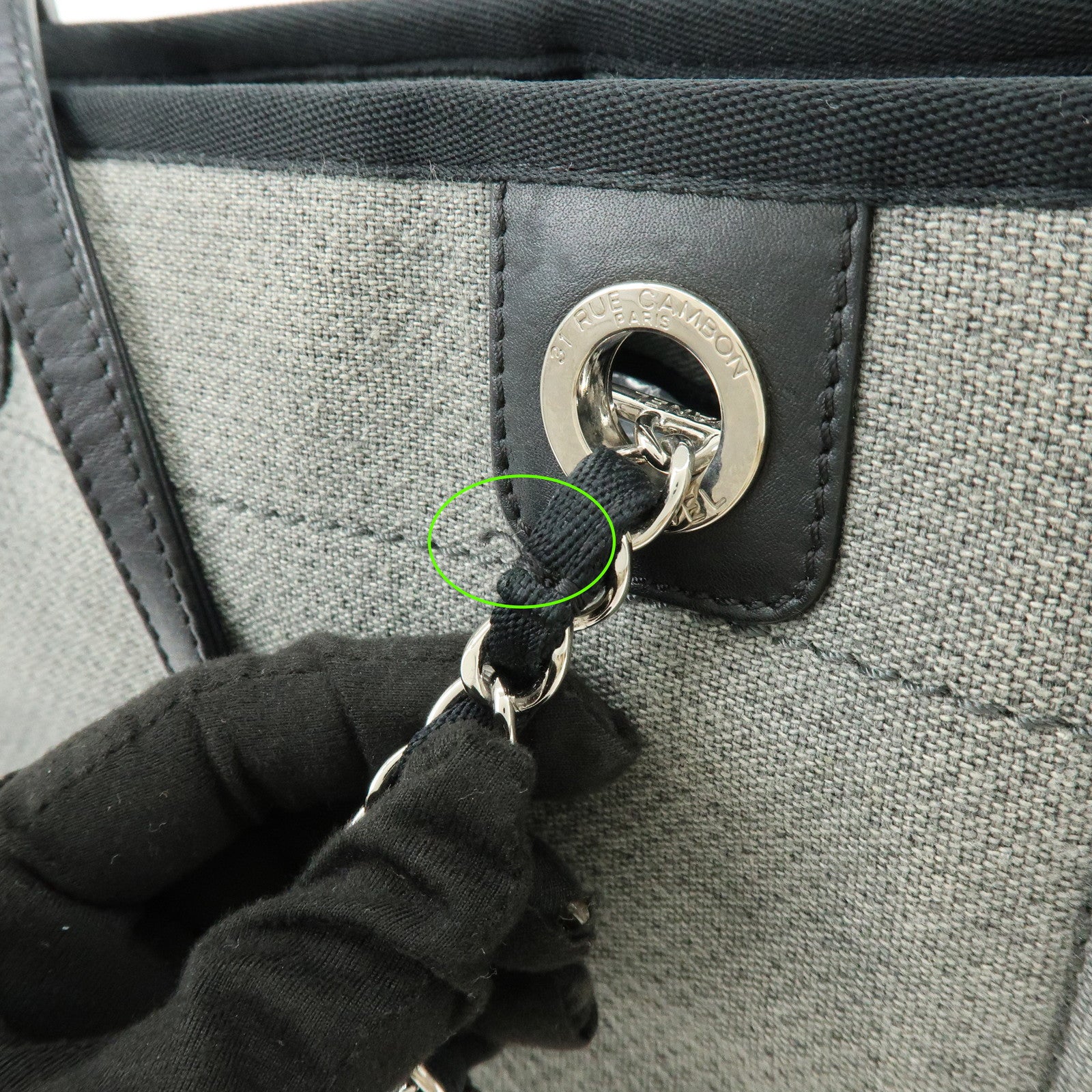 CHANEL Deauville PM Canvas Leather Chain Tote Bag Grey A66939